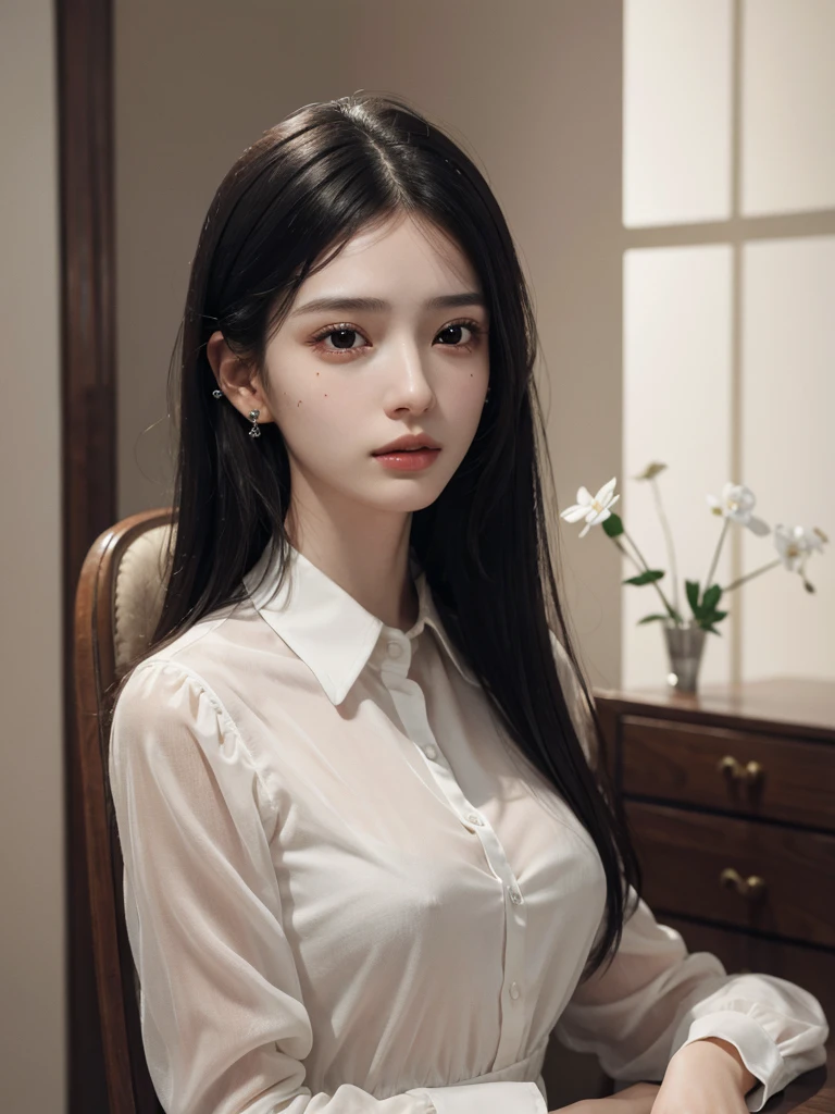 absurdres, RAW photo, extremely delicate and beautiful, masterpiece, Best Quality, ultra high resolution, 32k, hyperrealistic, ultra-detailed, in her 20s, delicate facial features, tearful mole, earring, medium breasts, full body shot, shorter middle hair, black hair, collared shirt dress,