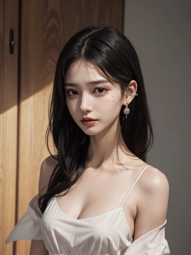 absurdres, RAW photo, extremely delicate and beautiful, masterpiece, Best Quality, ultra high resolution, 32k, hyperrealistic, ultra-detailed, in her 20s, delicate facial features, tearful mole, earring, medium breasts, full body shot, shorter middle hair, black hair, collared shirt dress,