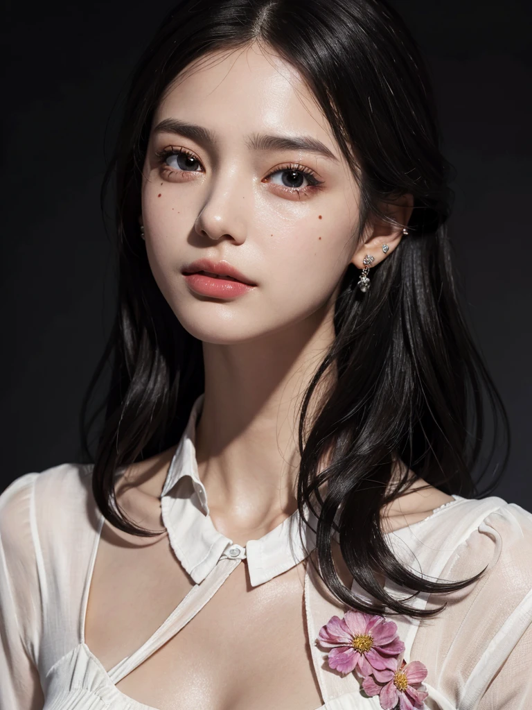 absurdres, RAW photo, extremely delicate and beautiful, masterpiece, Best Quality, ultra high resolution, 32k, hyperrealistic, ultra-detailed, in her 20s, delicate facial features, tearful mole, earring, medium breasts, full body shot, shorter middle hair, black hair, collared shirt dress,
