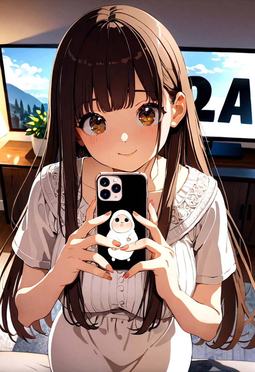 ((1girl)), super fine illustration, vibrant colors, absurdres extremely detailed CG, 8k wallpaper, (masterpiece:1.3), dynamic angle, dynamic pose,
best quality, depth of field, cinematic lighting, ultra detailed, brown long hair, very straight hair, large breast, white knit dress , 20yo, cute, very baby face, brown eyes, kawaii, smile, droopy eyes, arms at sides, smartphone, modern living room, peace fingers, The screen of the smartphone in his hand is facing towards me