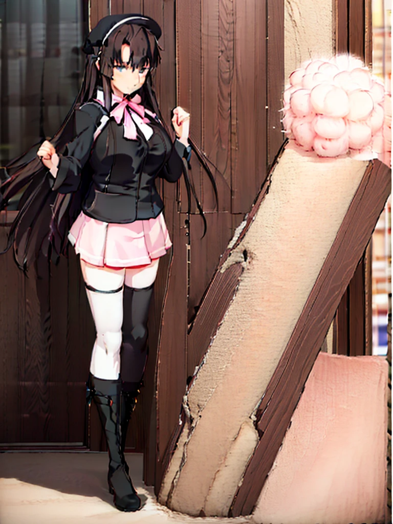 great quality ++ Extremely detailed high resolutionolution, very aesthetic, expressive eyes, (((Perfect face))), (((face symmetrical))), ((good anatomy)), (((perfect hands))), (((8k))), UHD, hd wallpaper, (((detailed high cal, (((((1girl)))))), ((((only))), (((solo))), Masterpiece, The best quality, high resolution, Highly detailed, (illustration), Beautiful detailed eyes, ((((full body))), (((rikkasama))), hair ribbon, long hair, ribbon, sidelocks, two side up, black skirt, black thighhighs, long sleeves, miniskirt, pleated skirt, white tube top under a massive pink fluffy coat, blue short pencil skirt with a on the cut on the right, black thigh highs and pink pumps. A pink silk choker is wrapped around her neck and a pastel pink beret atop her long lushes brown hair. She slung her white purse over her shoulder as she shut the door