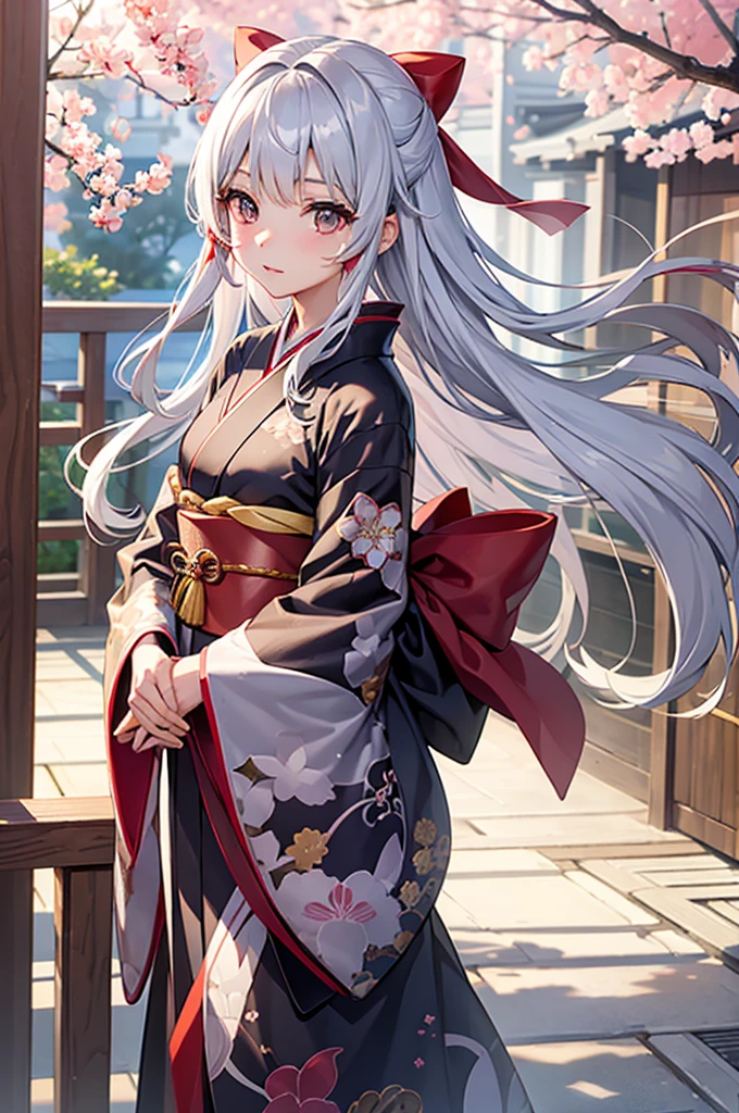 Beautiful girl、Silver Hair、Brown eyes、kimono、Kyoto、Long Hair、Red ribbon、The wind is blowing、high resolution