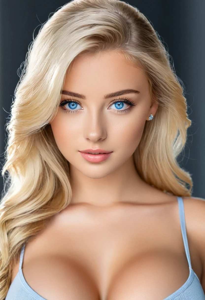 realistic photo of a 21 year old blonde girl with blue eyes and big breasts