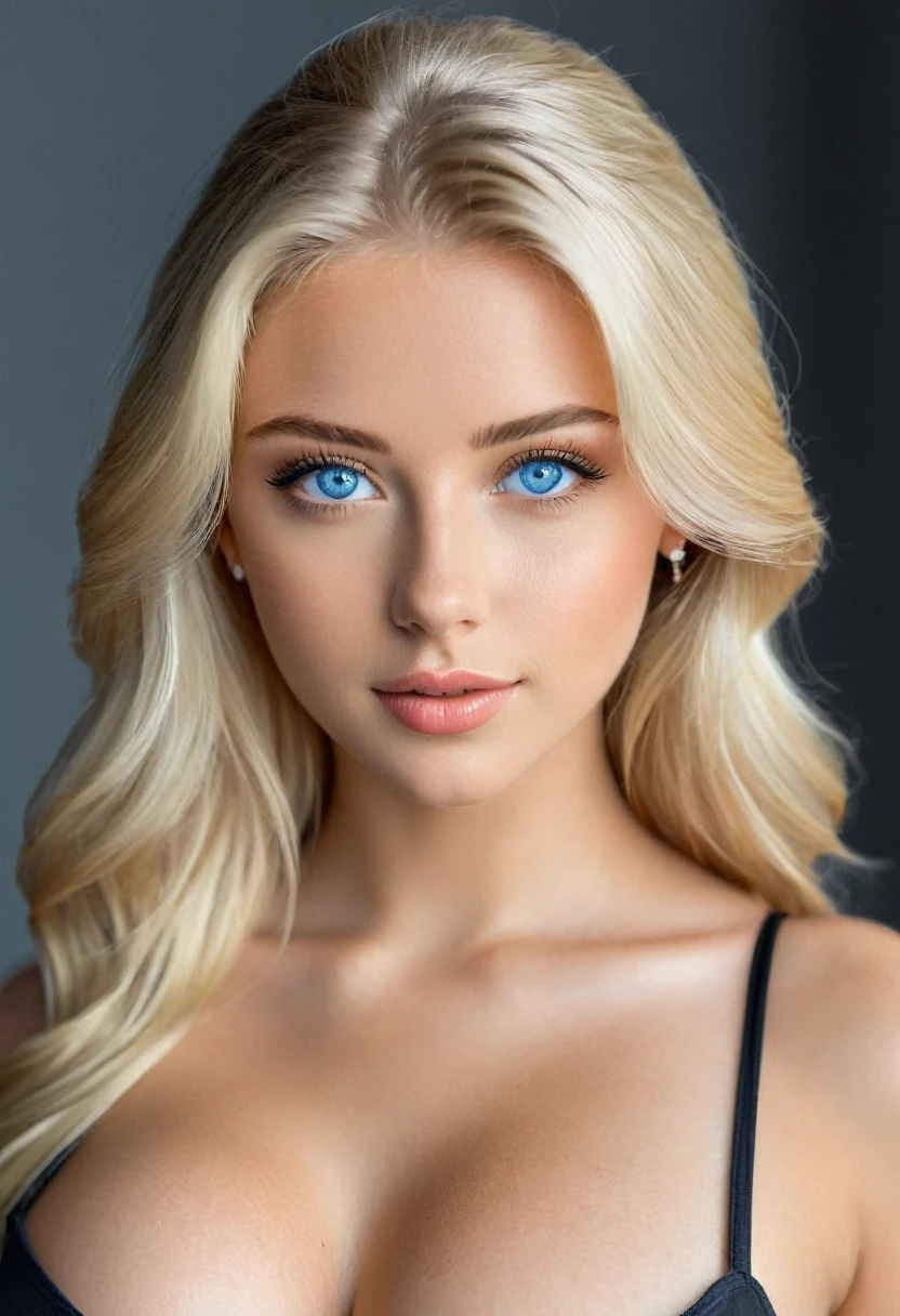 realistic photo of a 21 year old blonde girl with blue eyes and big breasts