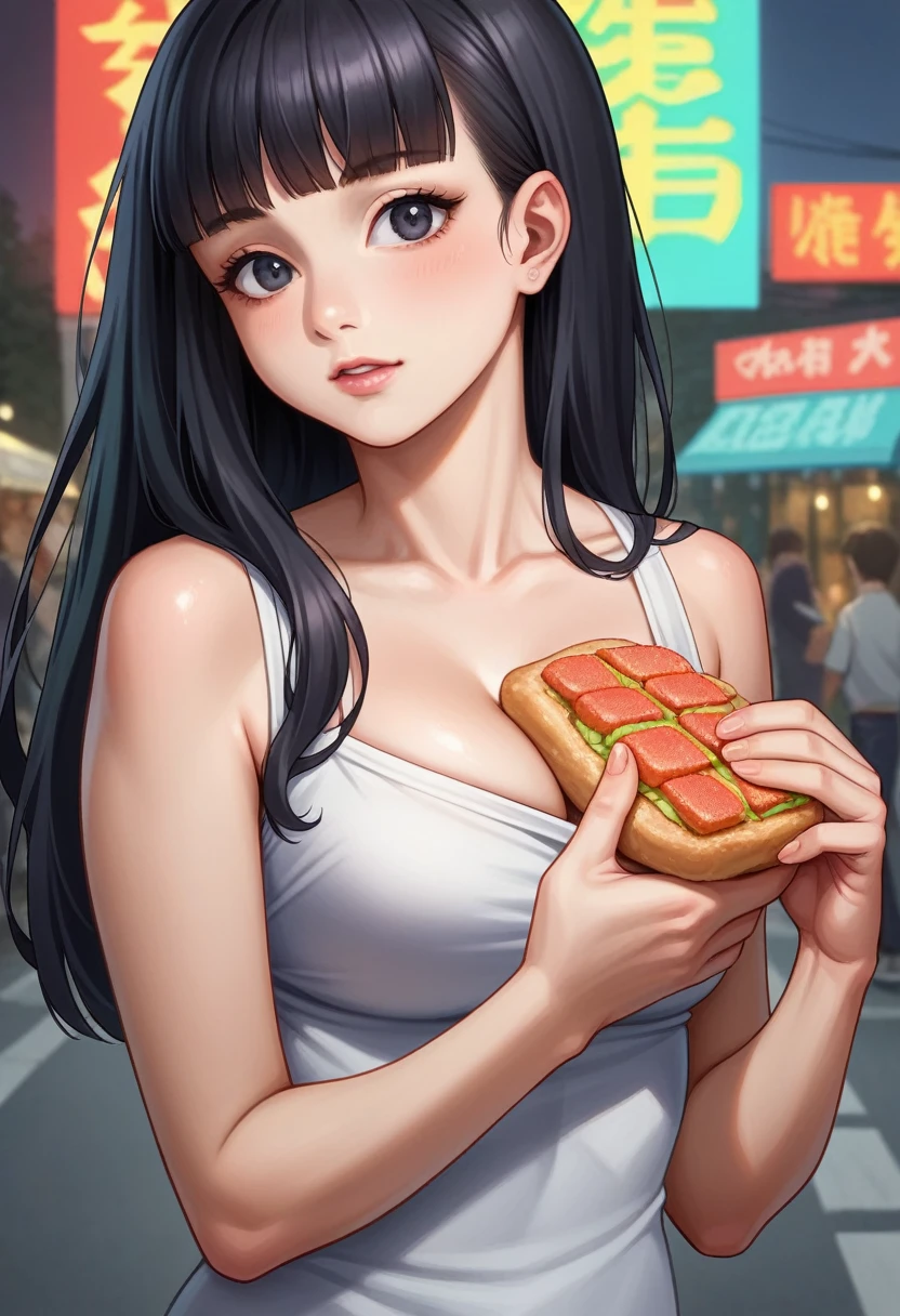 Masutepiece、highest qualityr、high resolusion、Eleonora Pavinato, 23 years old, Younger headshot, long Black hair, realistic skin, beautiful refined skin, real skin texture, Harajuku street, tasting street food, casual attire, vibrant food stall background, candid shot, , holding , holding