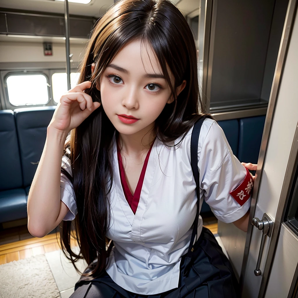 (masterpiece:1.2), (8K High Resolution), (Highest quality), (RAW Image Quality),(Realistic), (Realistic:1.37),,Large Eyes,Long eyelashes,Very sexy,(Live-action realistic style),The ultimate face,Realistic light and shadow,Distinct facial features,Fair skin, Highly detailed skin,Realistic skin details,(Super detailed),,Best Portrait, With a girl1People only, Cute face,Beautiful attention to detail, Beautifully detailed nose, Highly detailed skin ,(Show your best smile to the audience),(Beautiful face with double eyelids),((Full body image)), (realism: 1.4), Ultra-high resolution,Delicate and beautiful face,18-year-old,(Beautiful Face 1.4),Slender, (i am wearing a short skirt:1.2),big,A beautiful, brightly lit face,Panties are visible,,((Japanese high school sailor uniform)),Red lipstick,Discomfort around the eyes,,Hair length: short, ,(I like showing my underwear to the viewers.),Sailor suit Japan,,Standing on the train,(I'm wearing white panties),((Lifting the skirt to reveal panties)),,(It's a close-range shot.),(Back view),Small butt