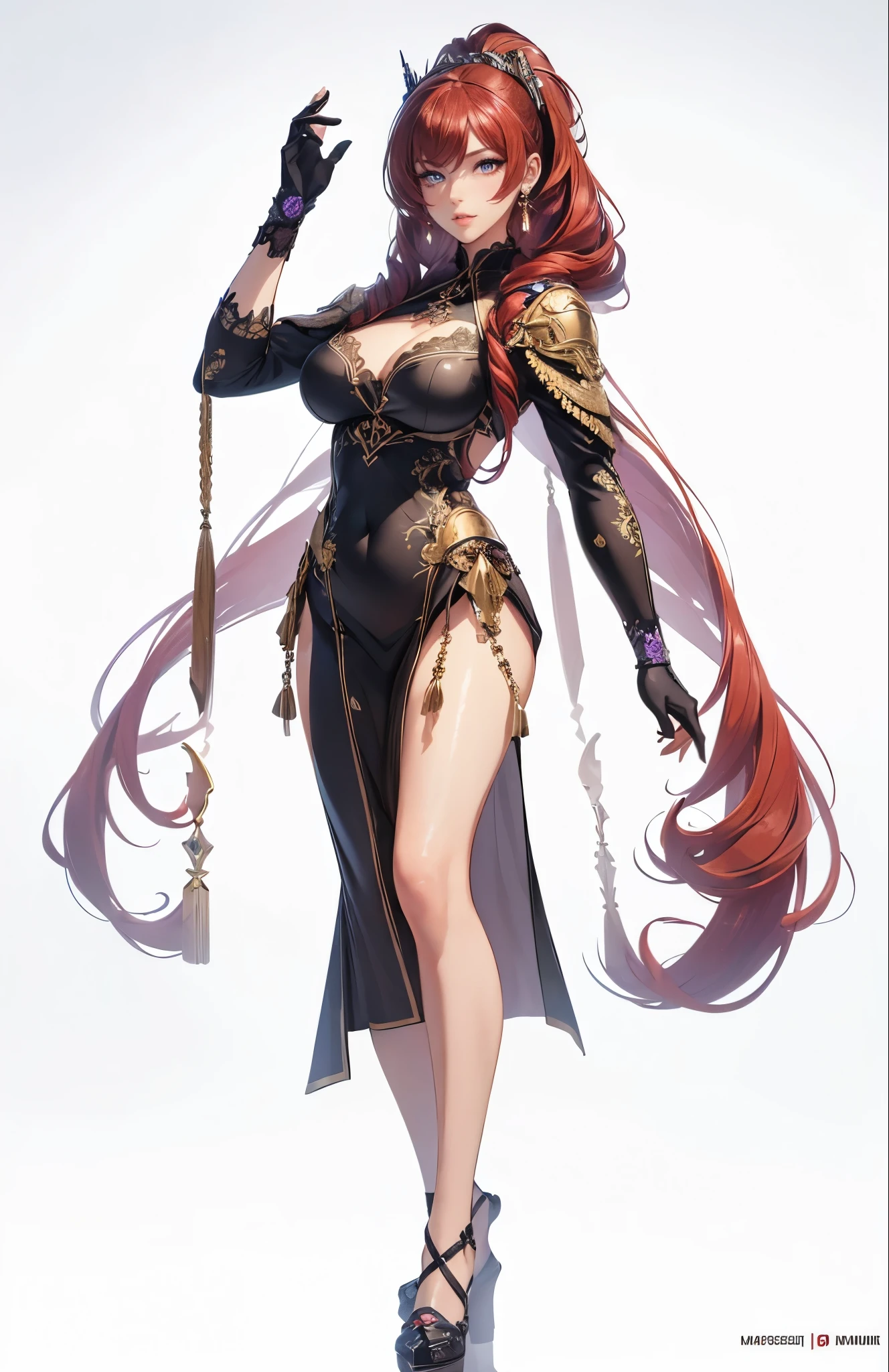 ((1girl, solo)), beautiful body, (perfect anatomy, perfect body, perfect hands, perfect legs), natural proportions, sexy body, large breasts, ((full body, full body front)) BREAK
((extremely detailed face)), (beautiful detailed eyes:1.6), (realistic pupils, realistic iris:1), expressive eyes, looking at viewer, (clear eyes:1.3), (hyperrealistic:1.2), (detailed skin texture:1.2), smooth skin, ((purple eyes)), (red hair:1.5), long hair, very long hair, high ponytail, bangs, sidelocks, ((drill earrings)), hair ornament, hair stick, ((black hairband)), ((mature female)), ((little smile)), (detailed lips:1.2), (attractive lips:1.1), (glossy lips:1.1), (parted lips), perfect face, perfect eyes BREAK
(masterpiece:1.5), anime-style, top quality, best quality, (beautiful and aesthetic:1.2), (ultra detail:1.5), Ultra-detailed depiction, Ultra-precise depiction, extremely detailed 8k illustration, high resolution, (highly detailed shading:1.2), (realistic lighting:1.4), perfect lighting, vibrant colors, dynamic tones, striking hues, 8k, absurd resolution, perfect shadows, hdr, UHD, ambient lighting, realistic, ultra-realistic, photo realistic, highly detailed, rich detail, luminous colors, fine texture, intricate design, professional illustration, (soft light:1.2), (illustration:0.7)