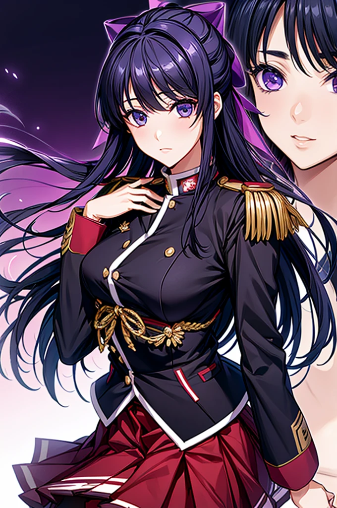 Akane Ryuuzouji、Black jacket uniform、Red pleated skirt、Epaulettes、Right shoulder to chest ornament、Purple head ribbon、Right facing