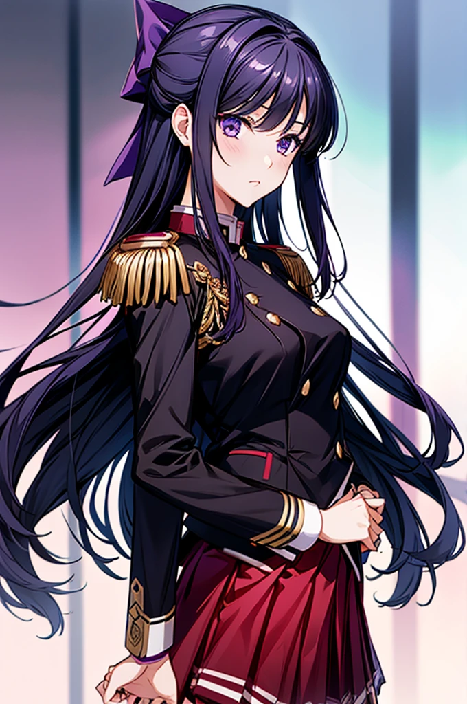 Akane Ryuuzouji、Black jacket uniform、Red pleated skirt、Epaulettes、Right shoulder to chest ornament、Purple head ribbon、Right facing