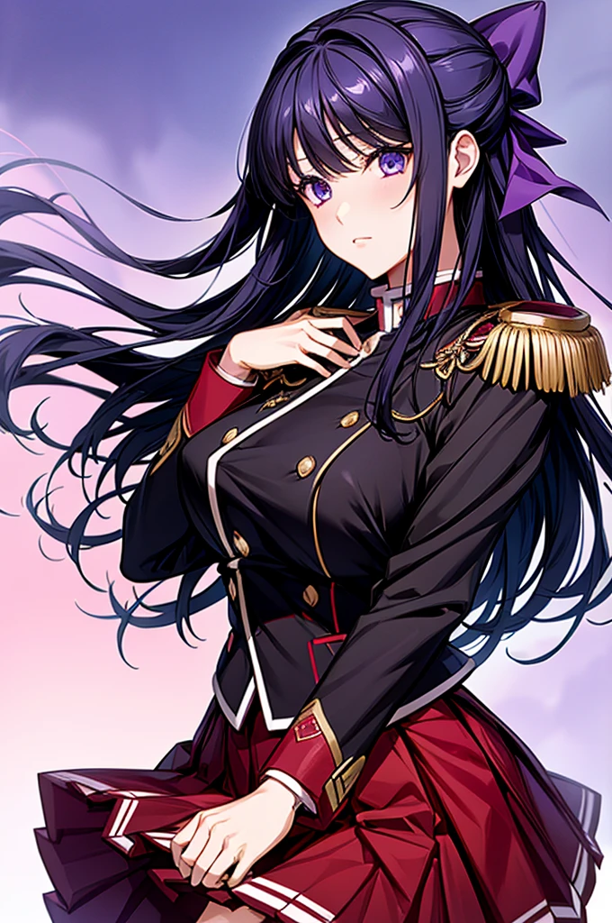 Akane Ryuuzouji、Black jacket uniform、Red pleated skirt、Epaulettes、Right shoulder to chest ornament、Purple head ribbon、Right facing