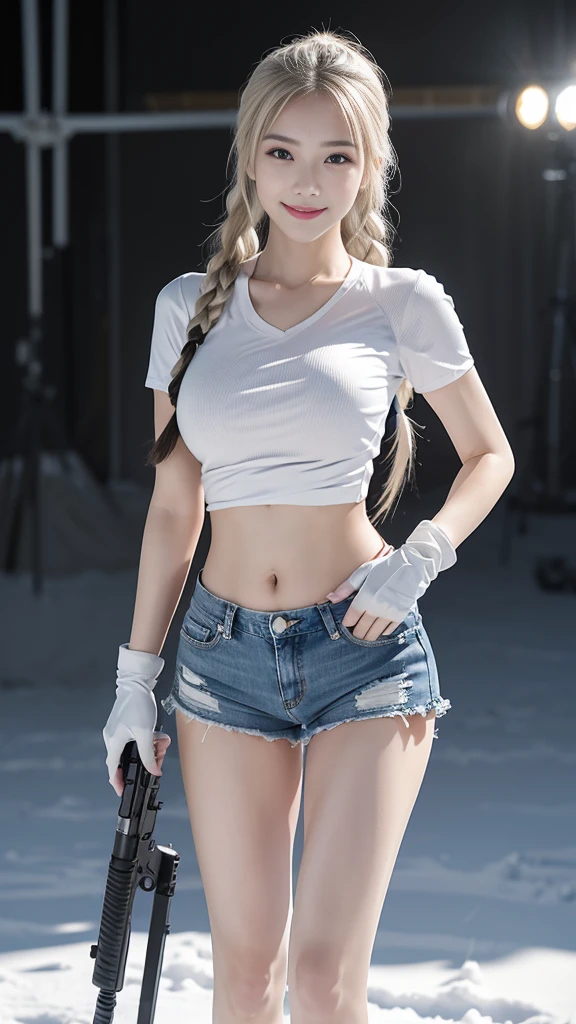(8K、original photo、Top quality、masterpiece:1.2)、(Realist、Photorealistic:1.37)、Ultra Detailed、Ultra-high resolution、Wearing white navel-baring short-sleeved,Blue denim super shorts,Hourglass figure,Wearing black tactical gloves,sports shoes,blond,Girl with two braids,Close-up in the snow、Full body close-up,Fighting Stance,Shooting Stance,With a gun,持pistol, pistol,Aiming the gun,Bullet special effects,Full body close-up,Snowfield background,winter,snow,Explosion effects,Bullet special effects,Smile,Back to the audience,Look back,White skin、Smooth skin、Extremely beautiful face,Dynamic Angle、Dynamic Lighting