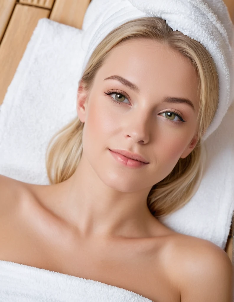 Beautiful blonde girl at a pampering spa day wearing a very small white towel laying on her back