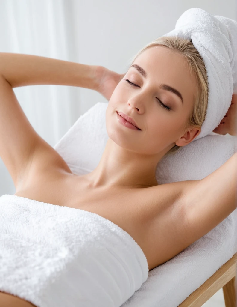 Beautiful blonde girl at a pampering spa day wearing a very small white towel laying on her back
