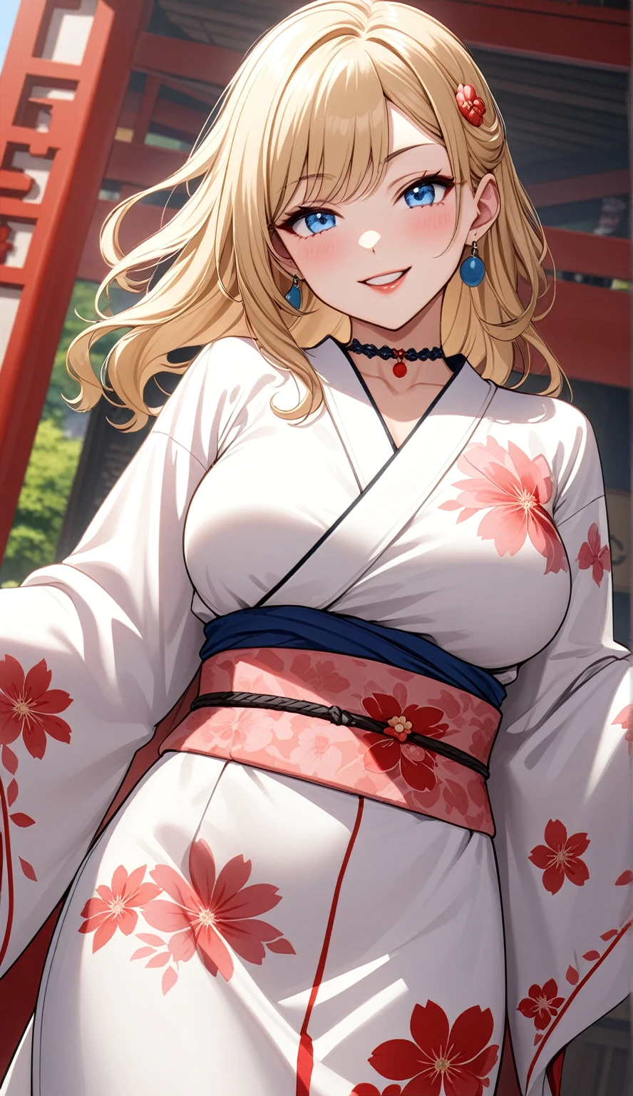 ((One personの女性)), Beautiful Face, (Laughing embarrassedly), ((smirk:1.1)), ((Wink:1.7)), (head tilt:1.3), Laugh with your mouth wide open, upper teeth, looking at viewer, ((Bright red cheeks:1.2)),Glossy Red Lips,noon, Shrine festival stalls, Glossy red lips, Shining Face, ((Anime style background)),masterpiece, Highest quality, so beautiful,up to date, Complex details, (Pink long nails), (nail art), (ring),(bracelet),(Floral choker),AI-generated, Complex,High resolution, Highest quality, super high quality,3D Images、3D Images,One person,Blonde long hair,(High Ponytail), (wavy hair), Anime woman posing for a photo, ((Fine grain、Lightly pigmented blue eyes、Shining Eyes:1.3)), (Squint your eyes:1.1),a hyperRealistic , hyperRealistic , Realistic,Long and blonde anime woman, Smooth anime CG art, Pink large floral patternが刺繍された豪華な着物を着た女性, (White long sleeve kimono),(Pink large floral pattern) ,Long flower hair ornament,Earrings,Mature Body,(Big Breasts:1.1),Tall,Abdominal muscles,Tight waist,  (dutch angle:1.2),