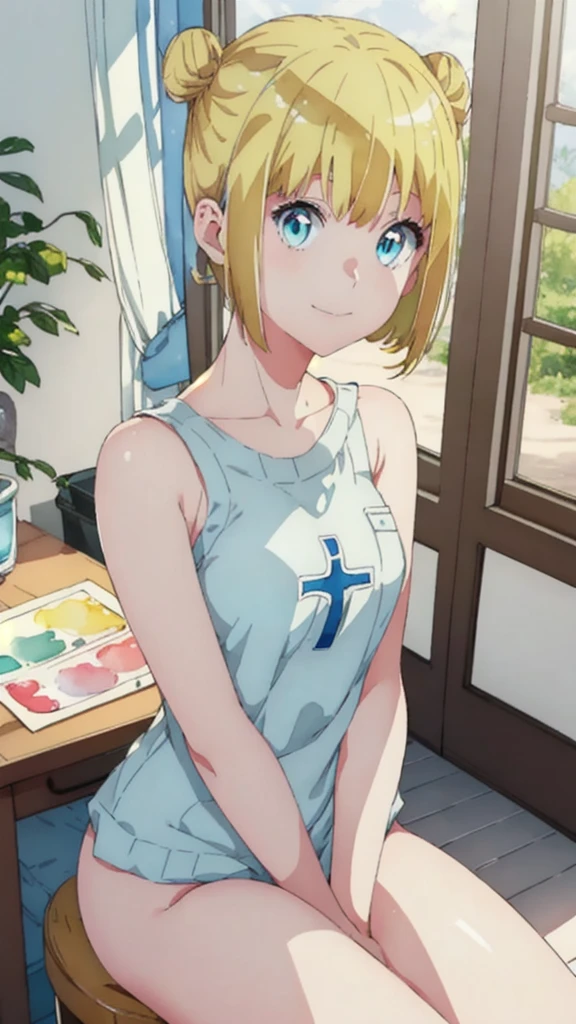 masterpiece, best quality, sketch, 1girl, solo, looking at viewer, , depth of field, (watercolor illustration, soft pastel colors:1.1), , riri_romantic_killer_girl, blonde hair, aqua eyes, short hair, hair bun, double bun, bangs, naked, without clothes, sitting cross-legged, bare chest, nsfw