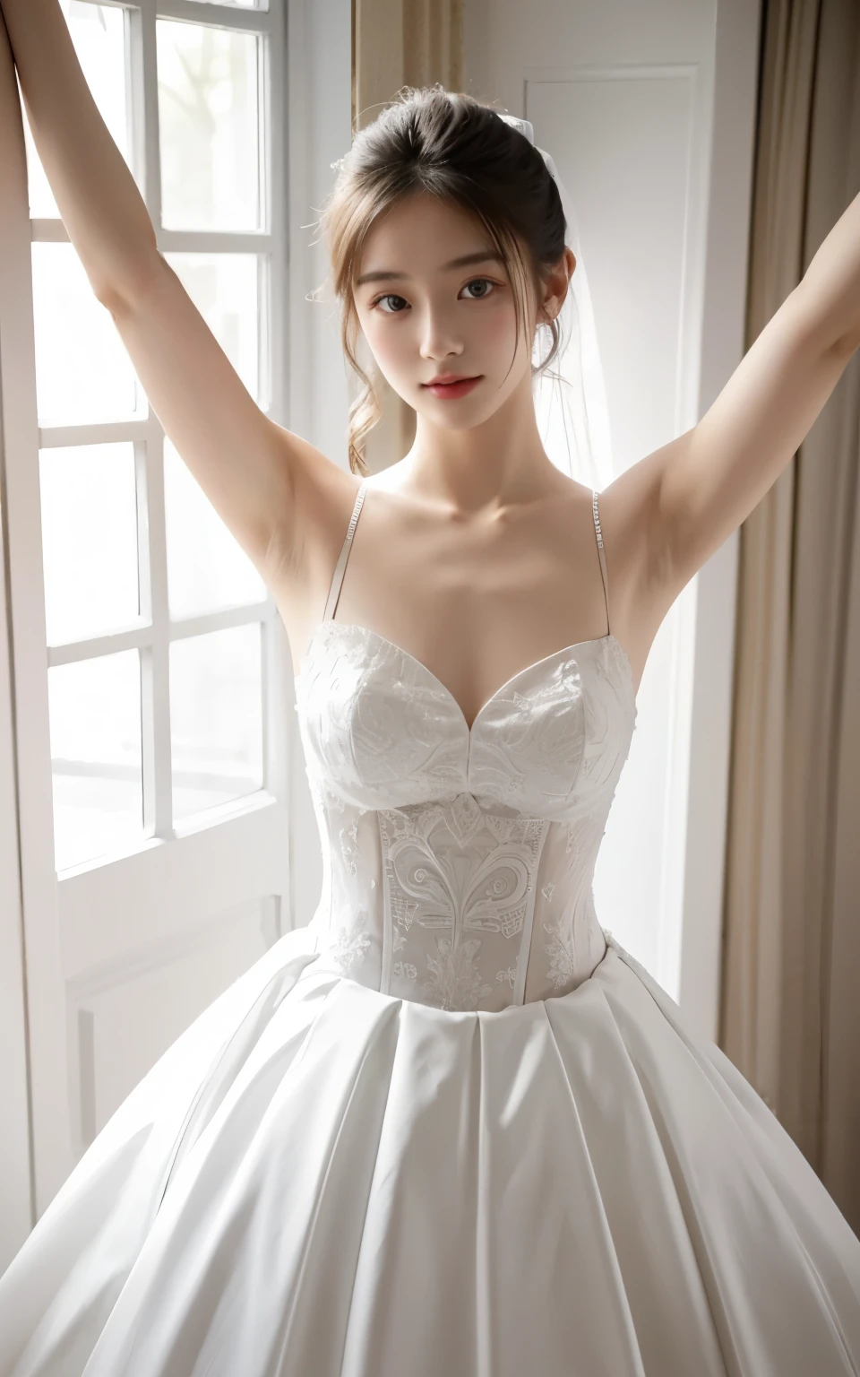 Beautiful 20 year old woman。She wears a wedding dress. She stretches her arms out like a ballet dancer.. She's smiling in the church lights at night . Romantic Sunset. Her dark brown hair. High resolution、masterpiece、Highest quality、頭w:1.0、((Hasselblad Photos))、Fine skin、(Cinema Lighting)、clavicle . Full body photo.