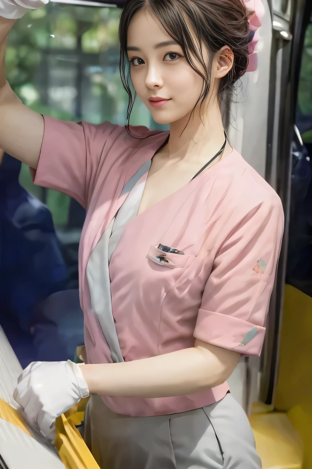 (masterpiece:1.2, Highest quality:1.2), 32k HDR, High resolution, (alone、1 girl)、 (Height: 160cm)、(On the rooftop of a building in the daytime、Professional Lighting)、Building rooftop background、(Nankai train crew uniform pinkを着たリアルスタイル)、(Nankai train crew uniform pink short sleeve collarless pink jacket、Nankai Train Crew Uniform Pink Collarless Short Sleeve Blouse、Nankai Train Crew Uniform Pink Grey Knee-length Culottes)、(The pink jacket is showing from the culottes.)、Dark brown hair、(Hair tied up、Hair tied up、Evening curly hairstyle)、Dark brown hair、Long Shot、Big Breasts、Thin legs、((Great hands:2.0)),((Harmonious body proportions:1.5)),((Normal limbs:2.0)),((Normal finger:2.0)),((Delicate eyes:2.0)),((Normal eyes:2.0)))、smile、(Nankai Train Crew Uniform Pink Grey Knee-length Culottesを見せた美しい歩く姿)、Place your hands around your stomach