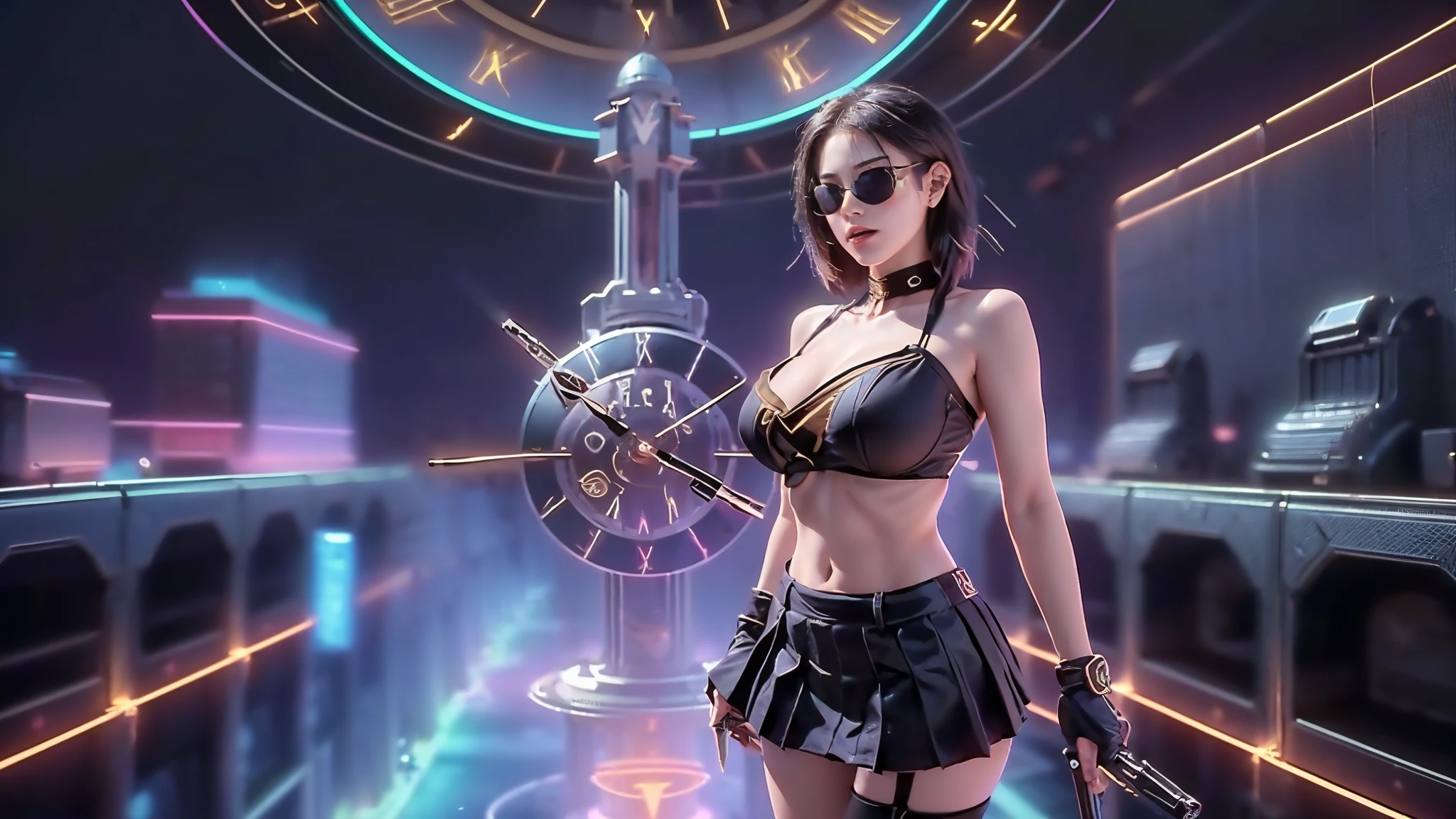 (aerial view). at night, futuristic sci-fi cyberpunk city, broad viaduct, skyscrapers at the end of the viaduct, the movie "13th Floor" style, (((((voltex-spirit-spreading giant clock tower as time machine))))), hq. Matrix style, at night, (1girl, solo), photo realistic, (large-breast:1.2 slim body, cleavage:1.3), (((tube top, extreamly short pleated (((miniskirt))) exposing panty))), (((((matrix style black sunglasses))))), (((((aiming at camera with a (short pistol)))))), (((half-body (thigh level) medium shot))), (cinematic lighting).