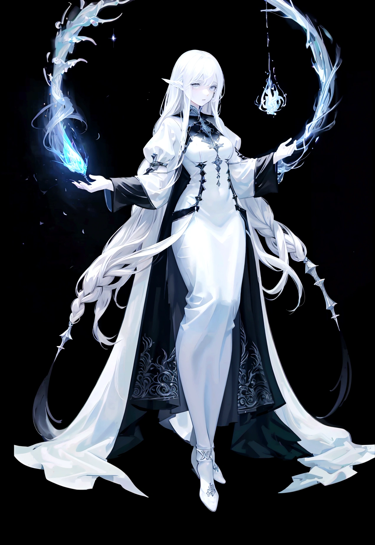 Character (adult woman) (white long hair) (white witch-style clothing) (character casting spell pose) (full body) (black background)