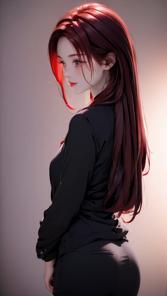 1 Girl, medium light Red hair, light black eyes , wearing black Suit 4D , night TOWN 18+, high res, ultrasharp, 8K, masterpiece, looking from behind