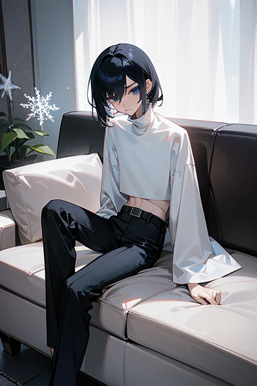 20 year old Japanese male with a slim, feminine body, smooth, perfect skin and a flat stomach.180cm tall with a slim neck, slender arms long, slender legs and a short, slim torso. He has soft blue eyes, a small mouth, short, very messy black hair and a pretty, angular face. He's wearing a white turtleneck shirt, plain black trousers, a black leather belt, black sports sneakers, a fancy silver watch and silver, snowflake-shaped earrings. He's sitting on a couch in a modern, indoors environment and striking a glamorous pose.
