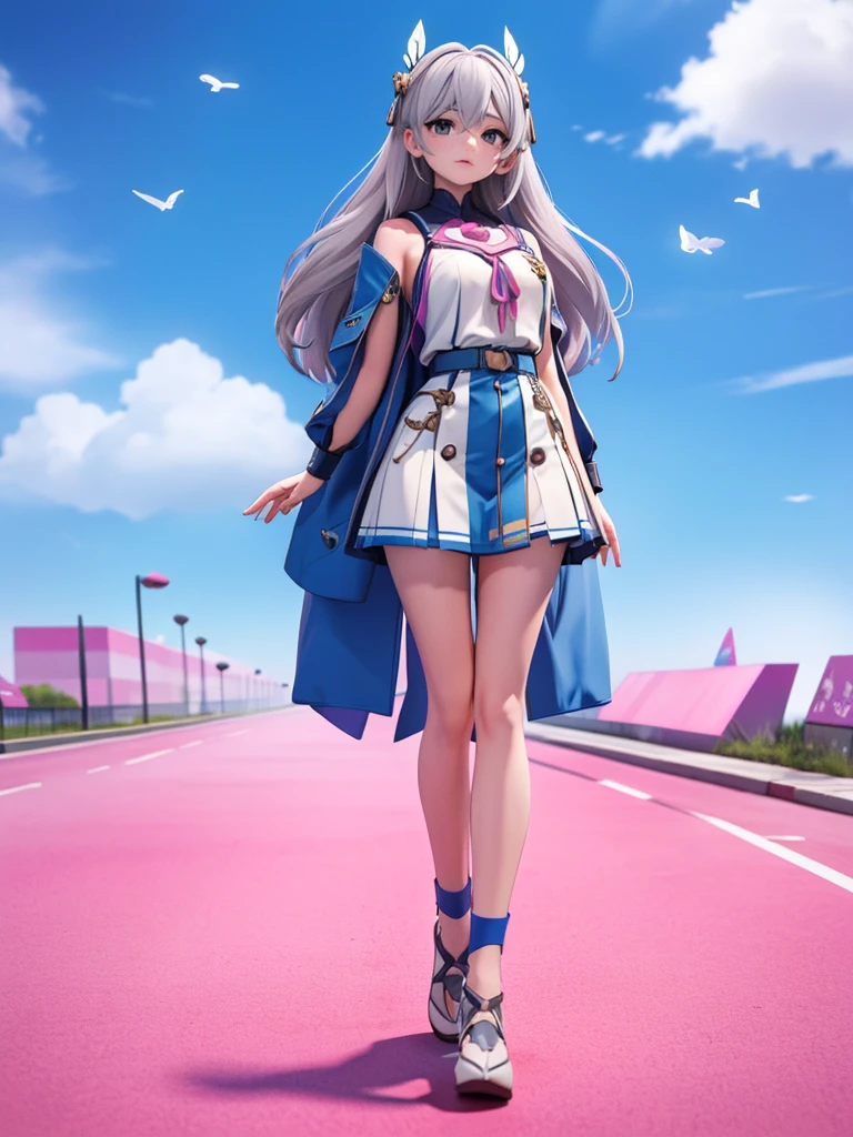 Seizo Watase style, Simple Line Initialism，Abstract art, 3d character, colorful hearts ,(((The most beautiful girl of all time))),  (full body 1.2), only girl, long hair, bufferfly and sky background, 25 year old, full body, (((8k))), ((3d))), gray hair