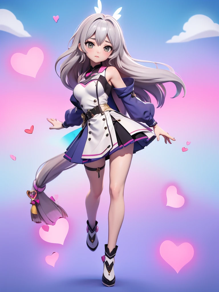 Seizo Watase style, Simple Line Initialism，Abstract art, 3d character, colorful hearts ,(((The most beautiful girl of all time))),  (full body 1.2), only girl, long hair, bufferfly and sky background, 25 year old, full body, (((8k))), ((3d))), gray hair