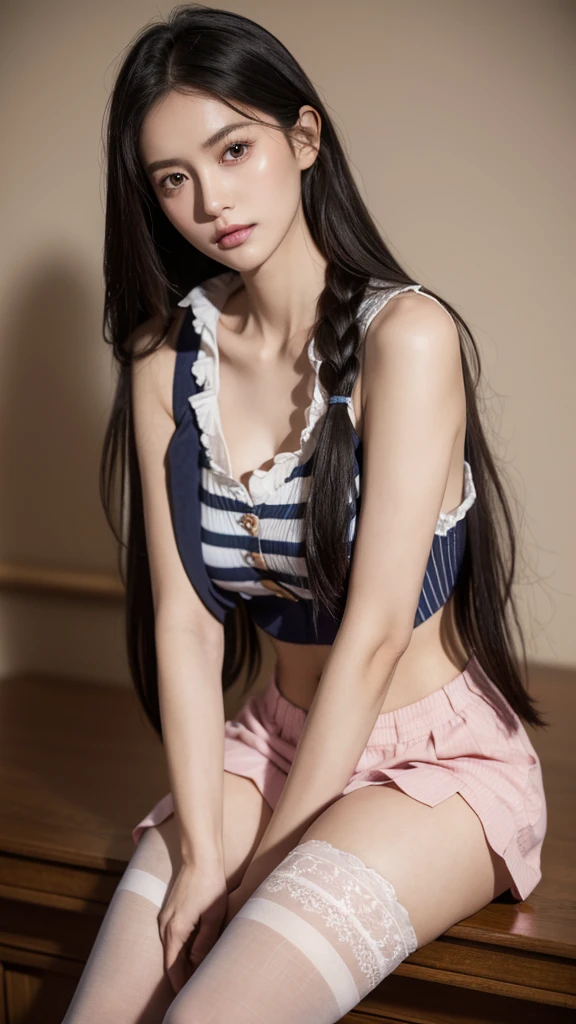 Quiet, light makeup, collarbone, neat long hair, black hair, delicate face, delicate features, natural expression, natural eyes, blue striped vest, pink lederhosen, white stockings, full chest, crop, crop.