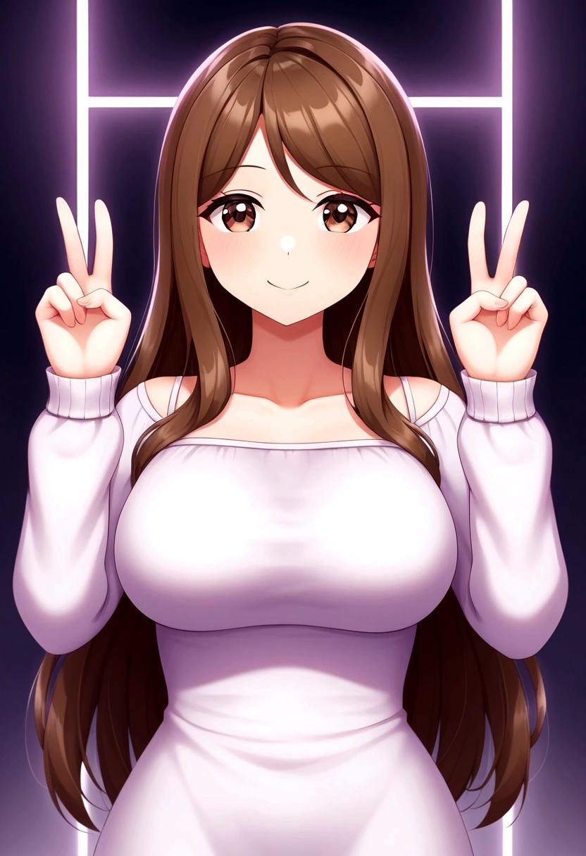 ((1girl)), super fine illustration, vibrant colors, absurdres extremely detailed CG, 8k wallpaper, (masterpiece:1.3), dynamic angle, dynamic pose,
best quality, depth of field, cinematic lighting, ultra detailed, brown long hair, very straight hair, large breast, white knit dress , 20yo, cute, very baby face, brown eyes, kawaii, smile, droopy eyes, arms at sides, smartphone, modern living room, peace fingers, The screen of the smartphone in his hand is facing towards me