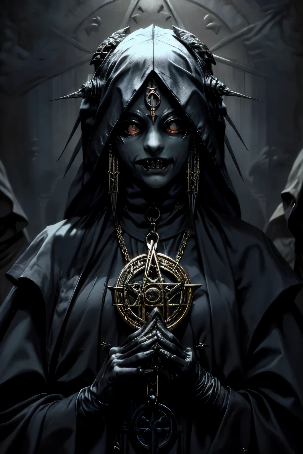  monstrous, Beautiful, Masterpiece, Best quality, perfect lighting, monster smile with crooked fangs, mask covering eyes, Very skinny, disproportionately long arms, A sinister aura, something, chained, deity, pentagrams, cultist clothing 