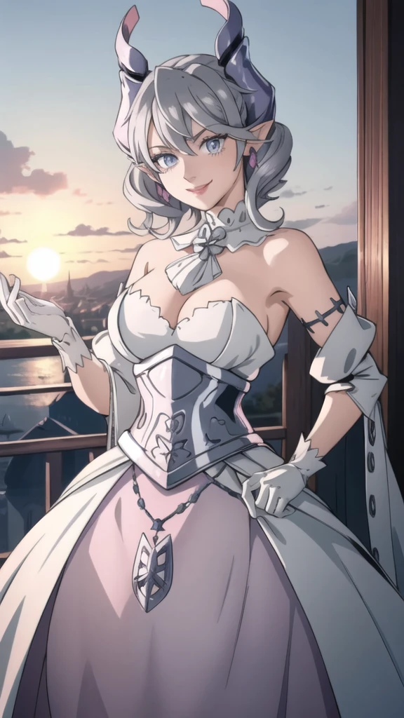 Beautiful arts wallpaper Sunset Outside castle top High level image quality best image quality 8K adult woman silver castle outside more colors whole body view portrait very detailed dress horn ears short hair((shortcut)(gray hair)(perm)(fluffy)) eye color is blue , , attractive evil face , smile , heroic stance , labrynth , barearm ,gloves , wearing pink , standing ,