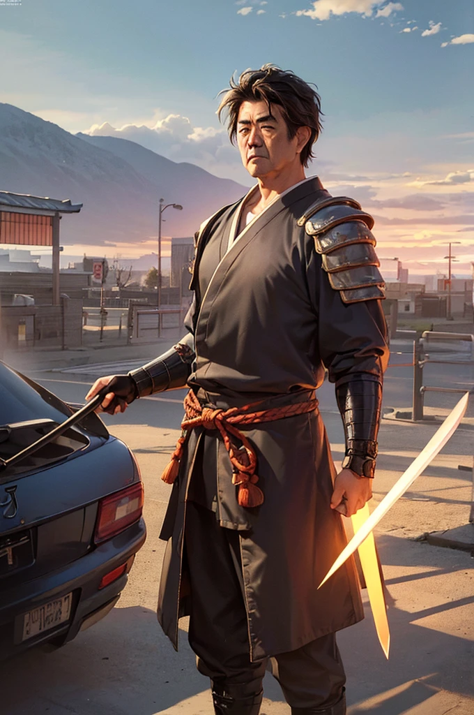 Highest quality，High resolution，((Shinzo Abe)) ，Kenshiro，Fist of the North Star，samurai，One person，warrior，armor，（dark blue_coat），male，One personで，Middle Age，（face_Wrinkles），Swordsman，strongest，Anime Style，(Limbs)，(Full Finger)，(Accurate fingertips), (The finer details), (Super detailed)，(Japanese sword:)，4K，(high resolution)，whole body, (Front angle), Looking at the camera,masterpiece，(Subtle details)，(Intricate details)，Octane Rendering，(Hyper Detail)，