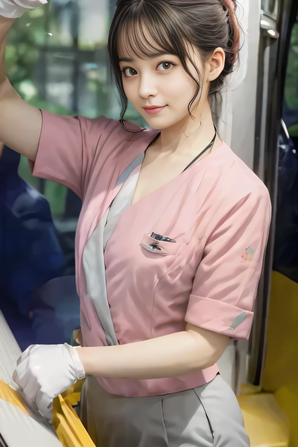 (masterpiece:1.2, Highest quality:1.2), 32k HDR, High resolution, (alone、1 girl)、 (Height: 160cm)、(On the rooftop of a building in the daytime、Professional Lighting)、Building rooftop background、(Nankai train crew uniform pinkを着たリアルスタイル)、(Nankai train crew uniform pink short sleeve collarless pink jacket、Nankai Train Crew Uniform Pink Collarless Short Sleeve Blouse、Nankai Train Crew Uniform Pink Grey Knee-length Culottes)、(The pink jacket is showing from the culottes.)、Dark brown hair、(Hair tied up、Hair tied up、Evening curly hairstyle)、Dark brown hair、Long Shot、Big Breasts、Thin legs、((Great hands:2.0)),((Harmonious body proportions:1.5)),((Normal limbs:2.0)),((Normal finger:2.0)),((Delicate eyes:2.0)),((Normal eyes:2.0)))、smile、(Nankai Train Crew Uniform Pink Grey Knee-length Culottesを見せた美しい歩く姿)、Place your hands around your stomach