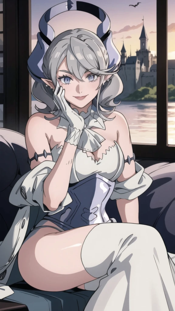 Beautiful arts wallpaper Sunset Outside castle top  High level image quality　best image quality　8K　 adult woman   silver castle outside  more colors   whole body view　portrait　very detailed dress   　horn    ears  　short hair（（shortcut）（gray hair）（perm）（fluffy））　eye color is blue ,  , 　attractive evil face , smile   ,  heroic stance   ,  labrynth ,  barearm  ,gloves   , wearing pink   , sitting , 