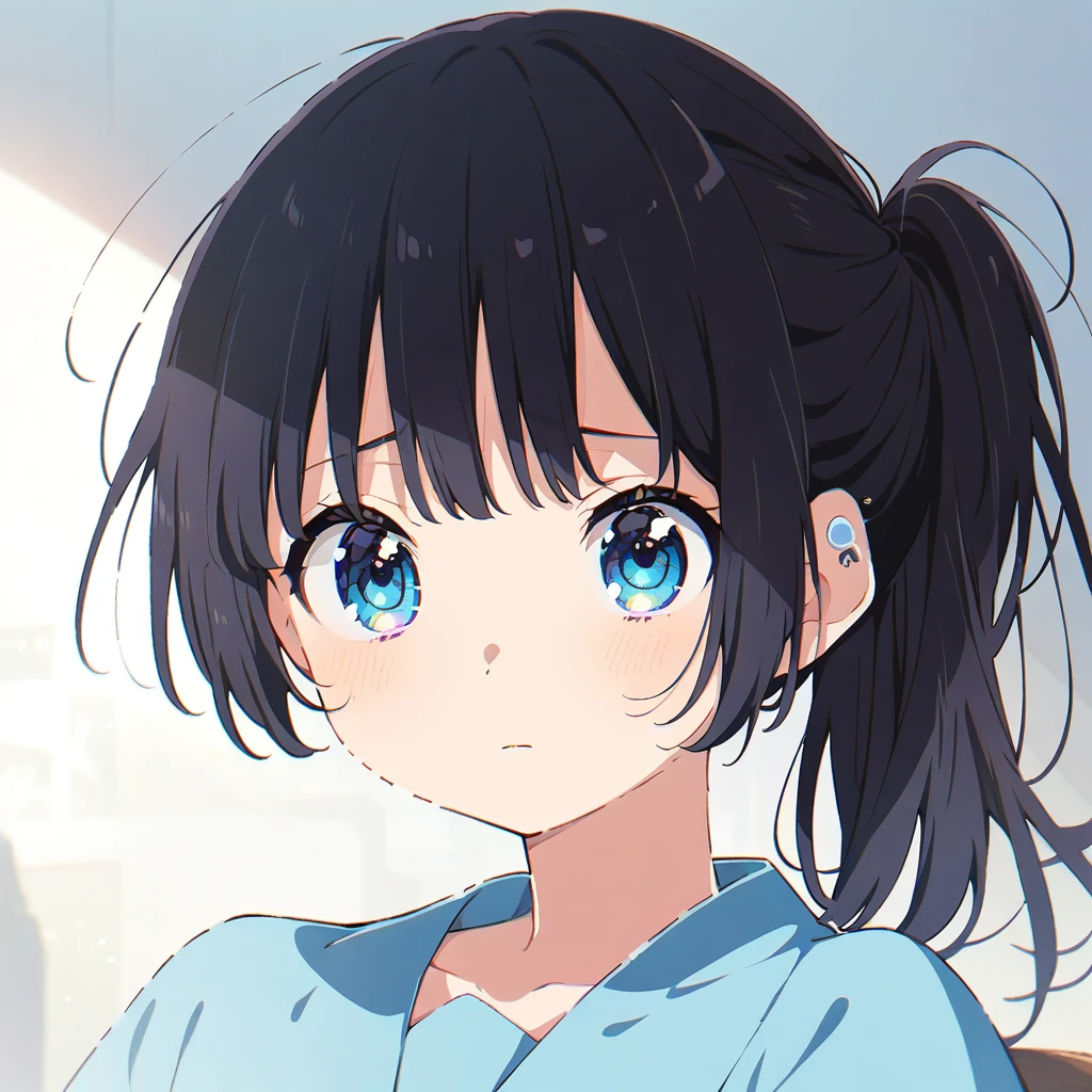 Masterpiece, Best quality, solo female, young girl, sister-like, blue eyes color, medium ponytail hair, black color hair, sparkless eyes, depression eyes, hopeless expression, anxiety, white and blue dress, white eardrop, frontal photo, anime, illustration