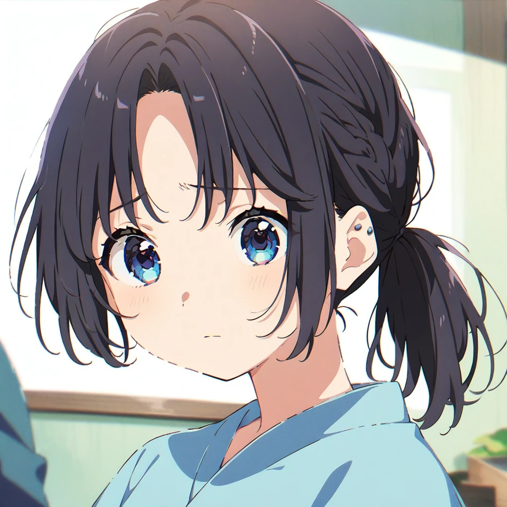 Masterpiece, Best quality, solo female, young girl, sister-like, blue eyes color, medium ponytail hair, black color hair, sparkless eyes, depression eyes, hopeless expression, anxiety, white and blue dress, white eardrop, frontal photo, anime, illustration