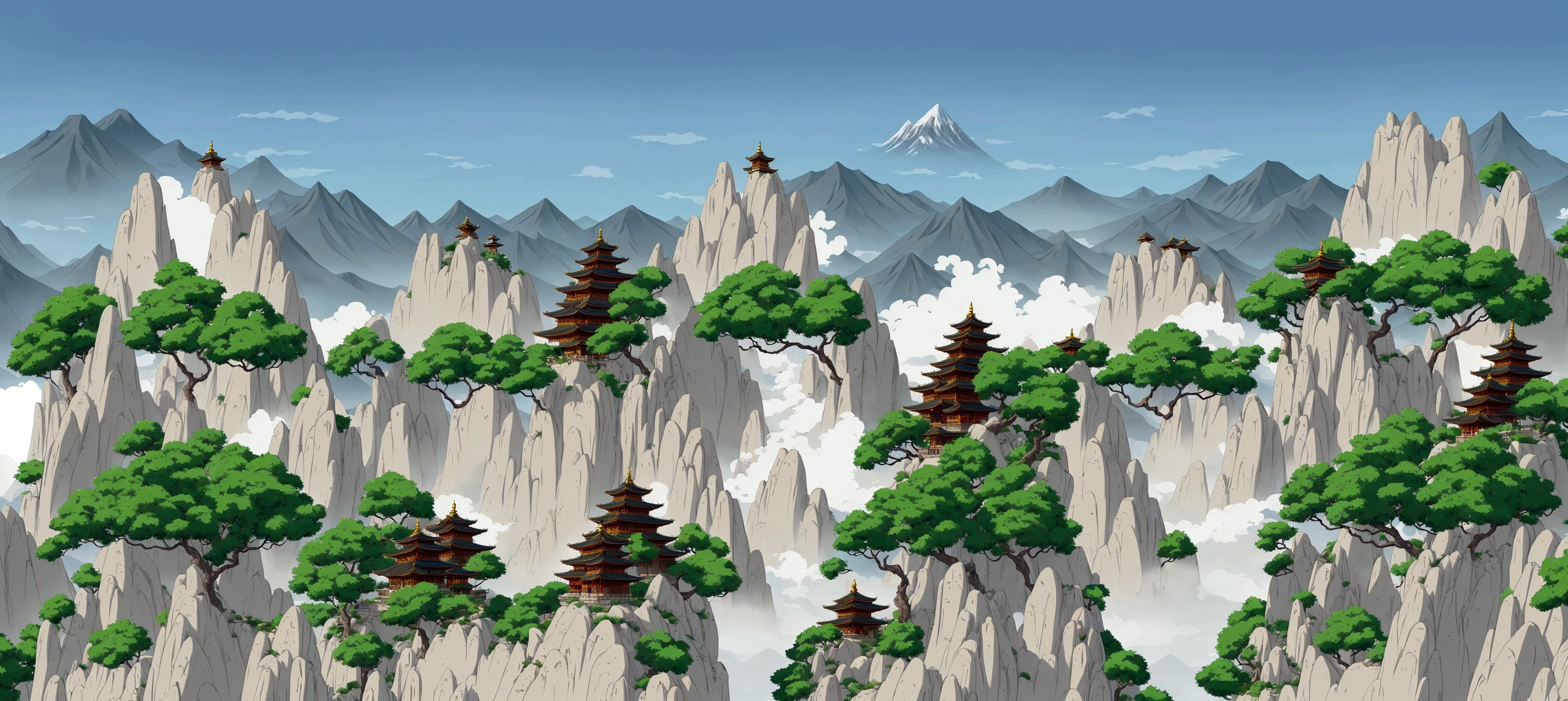 there are many mountains with a pagoda in the middle, temple background, zen temple background, pagodas on hills, dojo on a mountain, mountainous background, detailed scenery —width 672, anime landscape, background depicting a temple, avatar landscape, mobile game background, ancient city landscape, anime landscape wallpaper, 2 d game art background, mountainous area
