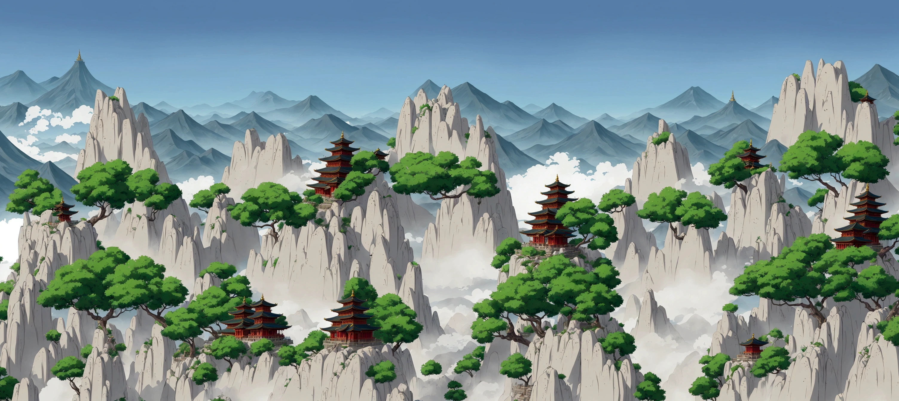there are many mountains with a pagoda in the middle, temple background, zen temple background, pagodas on hills, dojo on a mountain, mountainous background, detailed scenery —width 672, anime landscape, background depicting a temple, avatar landscape, mobile game background, ancient city landscape, anime landscape wallpaper, 2 d game art background, mountainous area