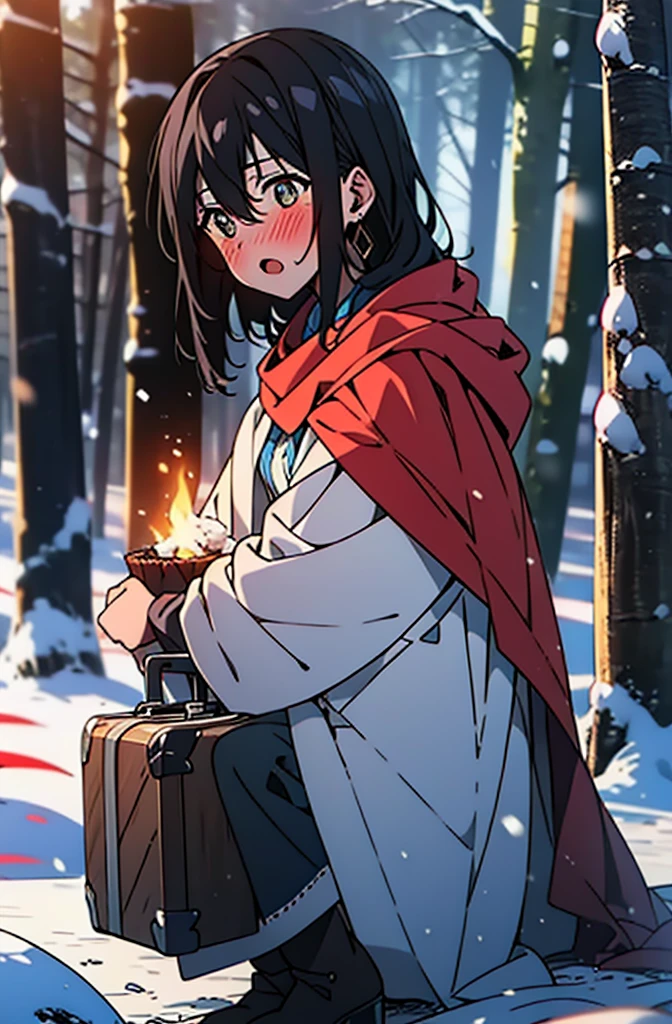 Himeragi Yukina, Brown eyes, Black Hair, Hair between the eyes, Medium Hair, Medium chest,blush,White Breath,
Open your mouth,snow,Ground bonfire, Outdoor, boots, snowing, From the side, wood, suitcase, Cape, Blurred, forest, White handbag, nature,  Squat, Mouth closed, Cape, winter, Written boundary depth, Black shoes, red Cape break looking at viewer, Upper Body, whole body, break Outdoor, forest, nature, break (masterpiece:1.2), Highest quality, High resolution, unity 8k wallpaper, (shape:0.8), (Beautiful and beautiful eyes:1.6), Highly detailed face, Perfect lighting, Extremely detailed CG, (Perfect hands, Perfect Anatomy),