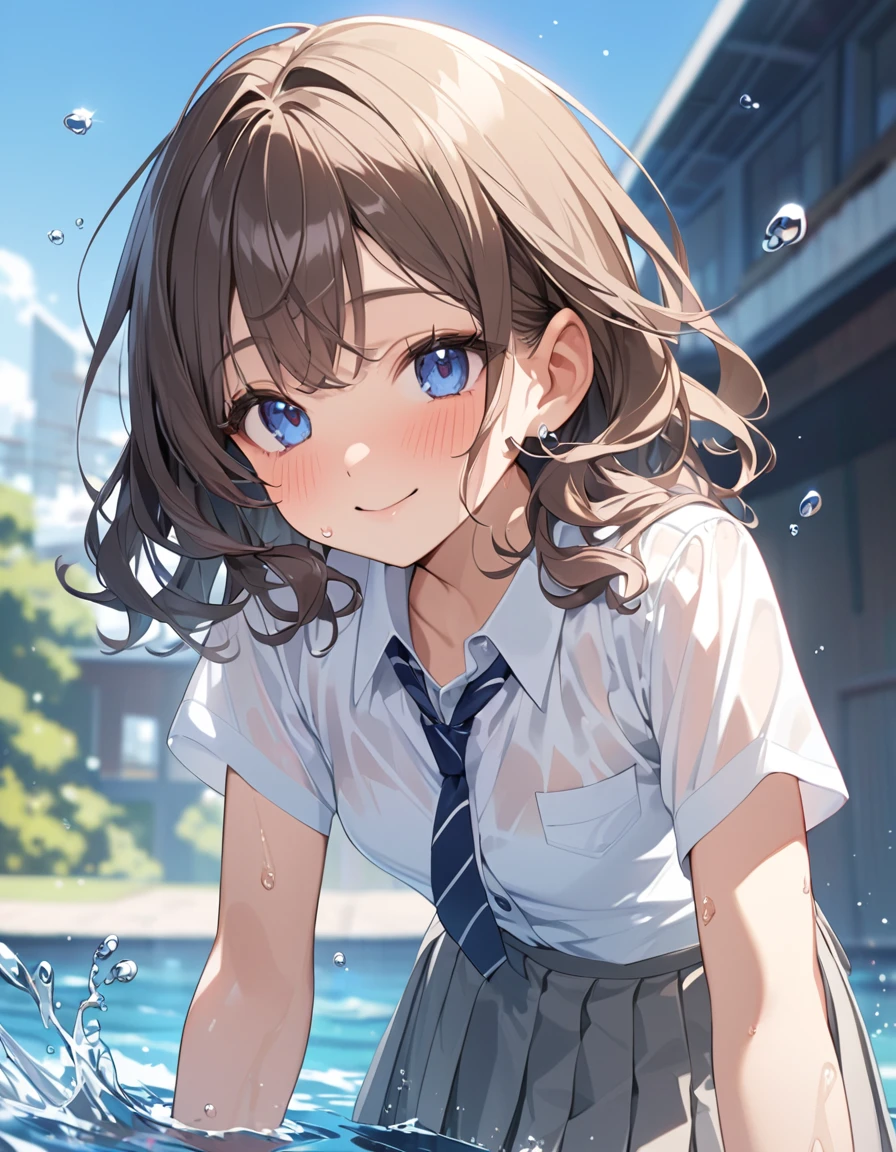 (Highest qualityのイラスト:1.2), (pretty girl:1.1), (1 girl、17 years old、Highest qualityのイラスト:1.2), (1 girl、smile、Small breasts、blue eyes)、Brown Hair、short hair、Wavy Hair、Curly Hair、Low Twintails、(Highest quality、Very detailed、Very detailed and beautiful、Ultra-high resolution) 、,{、White business shirt、Short sleeve、Grey pleated skirt}、blue sky、summer、Sweat、See-through、Fine water splashes