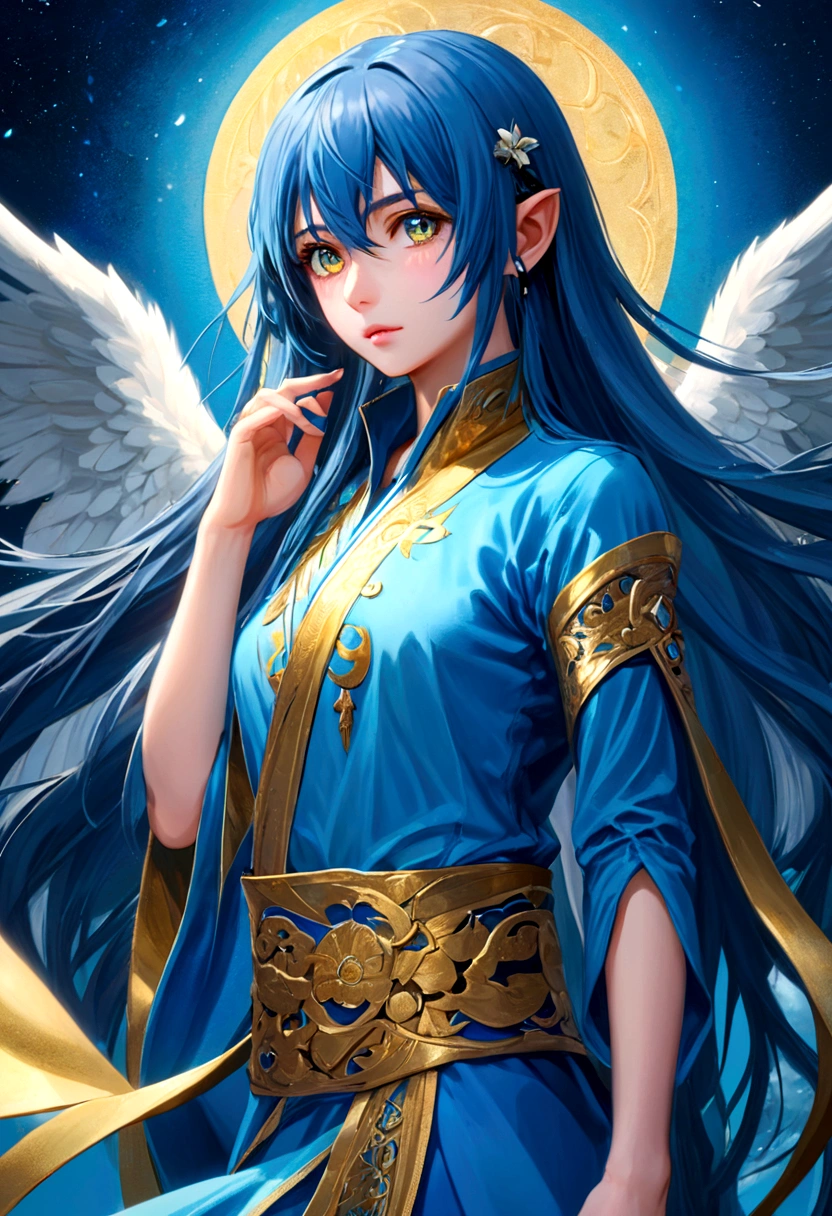 Rimuru Tempest, blue long hair, golden eyes, androgynous appearance, highly detailed illustration, beautiful lighting, (best quality,4k,8k,highres,masterpiece:1.2),ultra-detailed,(realistic,photorealistic,photo-realistic:1.37),intricate details, soft colors, digital art, fantasy character, cinematic lighting, dramatic pose, ethereal, elegant, mystical