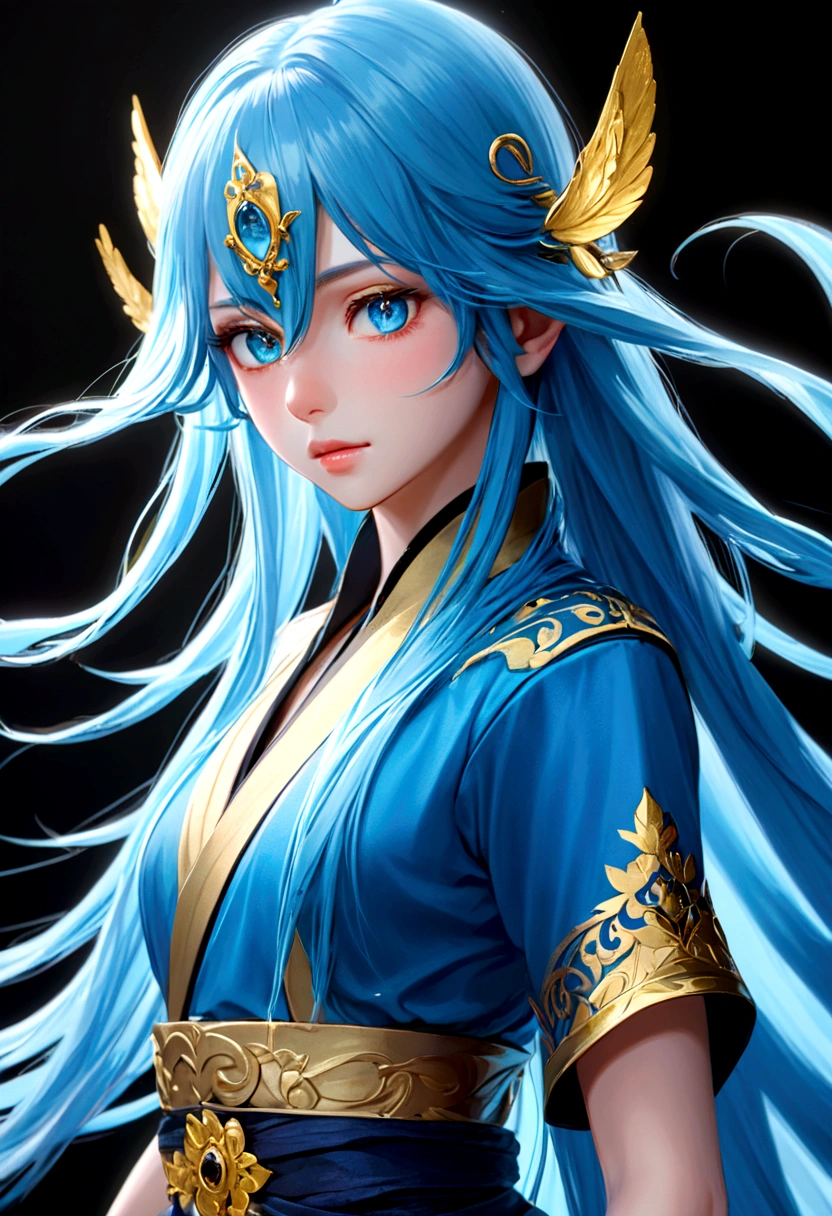 Rimuru Tempest, blue long hair, golden eyes, androgynous appearance, highly detailed illustration, beautiful lighting, (best quality,4k,8k,highres,masterpiece:1.2),ultra-detailed,(realistic,photorealistic,photo-realistic:1.37),intricate details, soft colors, digital art, fantasy character, cinematic lighting, dramatic pose, ethereal, elegant, mystical