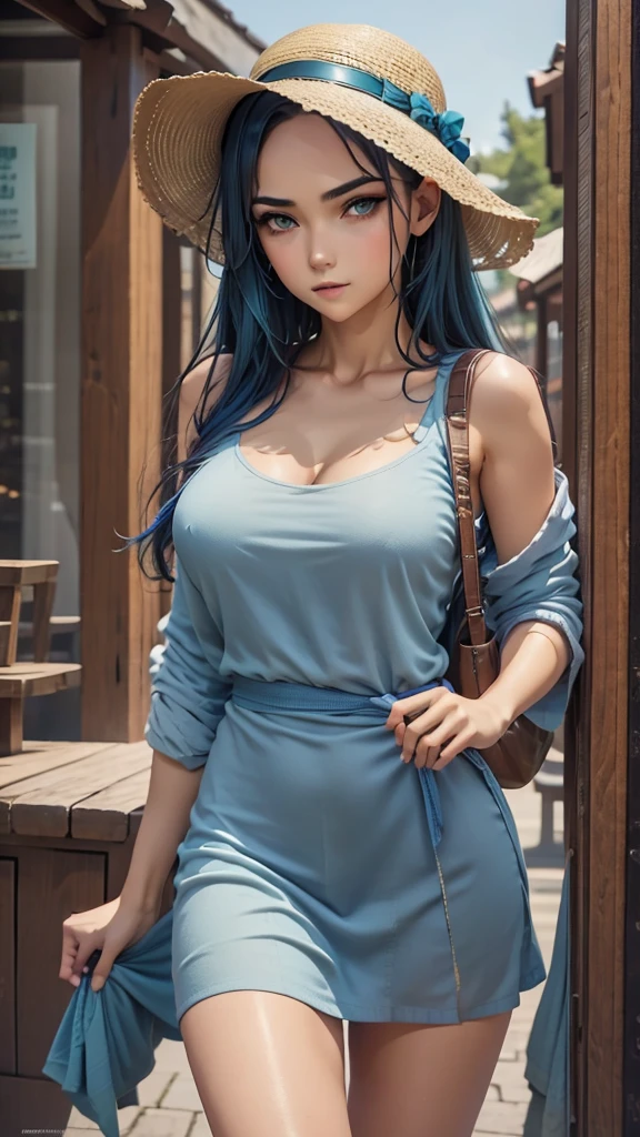 anime girl with blue hair wearing a straw hat and a blue dress, artwork in the style of guweiz, beautiful anime portrait, guweiz, beautiful anime girl, beautiful anime style, anime girl with teal hair, anime style. 8k, in the art style of bowater, beautiful digital illustration, beautiful character painting, stunning anime face portrait