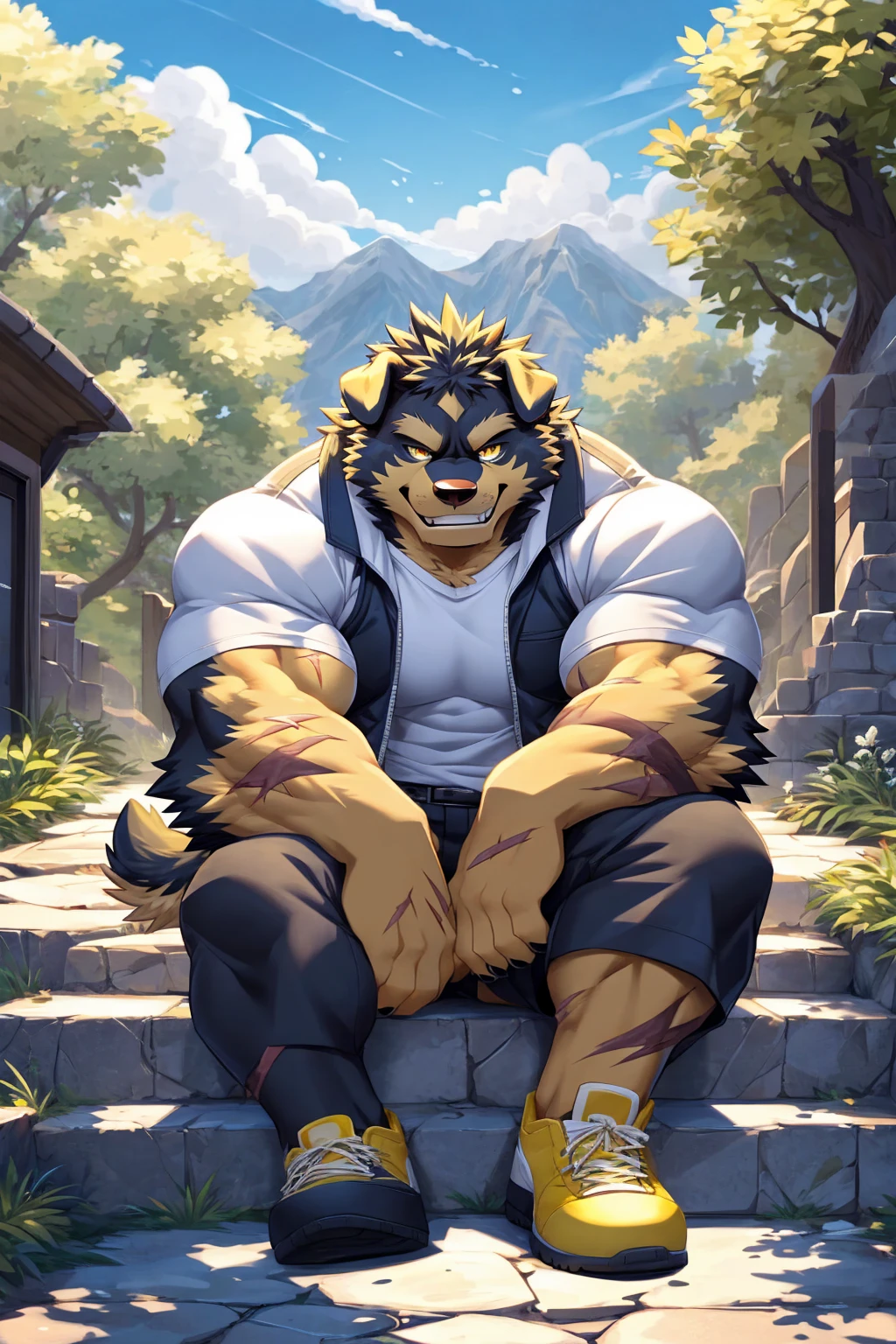 (sfw:1.5), male focus, Handsome 1boy, solitary,protrait photo, (White thick eyebrows:1.3), single, (Black nails, Black claws:1.4), yellow skin, Black hair, (black and yellow tail:1.4), (perfect golden eyes:1.4), (black and yellow body:1.3), (yellow chest:1.1), (black and yellow ears:1.4),
Tibetan Mastiff, feet, black Tibetan mastiff, dog, Tibetan mastiff boy, Tibetan mastiff body, (evil eyes, big eyes, large eyes:1.4), (Chubby, The body is huge, Larger face:1.3),
(White short-sleeved shirt, Black vest:1.4) , (Black trousers:1.4),(yellow short shoes:1.4), White socks, (blue whistle:1.3), (Lots of scars, lots of scars, Lots of scars:1.3),
(full body:1.3), (Mature men:1.4), (Strong body, muscle,Strong male, muscle男:1.3), (Sitting, Sitting on the steps:1.4), (Looking at the audience, Focus, Eyes gaze:1.2), (evil smile, evil grin, Smirk:1.4),
full background, Faculty, roadside, Stone steps, Mountain, Blue sky, White Cloud, Trees, Sunlight, daytime,
Mysterious and romantic atmosphere, Caustic lines(refraction, polarization)Perfect anatomical structure, absurd, Detailed background, (Delicate eyes:1.3),Printing style。((artist:Takemoto Arashi))