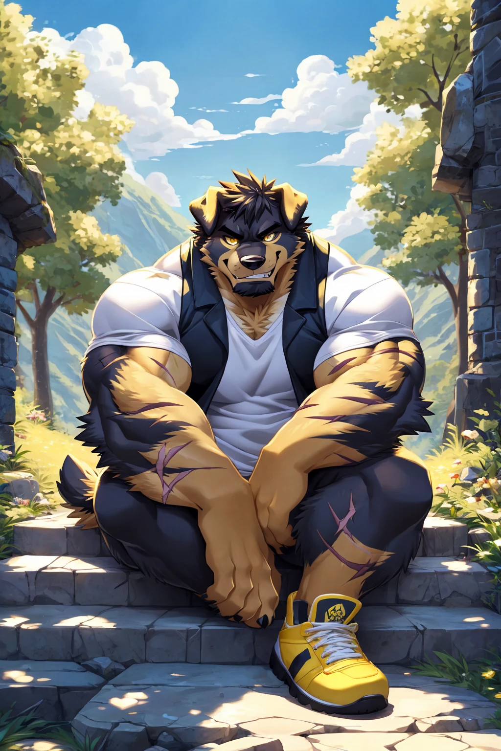 (sfw:1.5), male focus, Handsome 1boy, solitary，protrait photo, (White thick eyebrows:1.3), single, (Black nails, Black claws:1.4), yellow skin, Black hair, (black and yellow tail:1.4), (perfect golden eyes:1.4), (black and yellow body:1.3), (yellow chest:1.1), (black and yellow ears:1.4), 
Tibetan Mastiff, feet, black Tibetan mastiff, dog, Tibetan mastiff boy, Tibetan mastiff body, (evil eyes, big eyes, large eyes:1.4), (Chubby, The body is huge, Larger face:1.3), 
(White short-sleeved shirt, Black vest:1.4) , (Black trousers:1.4),(yellow short shoes:1.4), (White socks:1.2), (blue whistle:1.3), (Lots of scars, lots of scars, Lots of scars:1.3), 
(full body:1.3), (Mature men:1.4), (Strong body, muscle,Strong male, muscle男:1.3), (Sitting, Sitting on the steps:1.4), (Looking at the audience, Focus, Eyes gaze:1.2), (evil smile, evil grin, Smirk:1.4), 
full background, Faculty, roadside, Stone steps, Mountain, Blue sky, White Cloud, Trees, Sunlight, daytime,
Mysterious and romantic atmosphere, Caustic lines(refraction, polarization)Perfect anatomical structure, absurd, Detailed background, (Delicate eyes:1.3),Printing style。((artist:Takemoto Arashi))