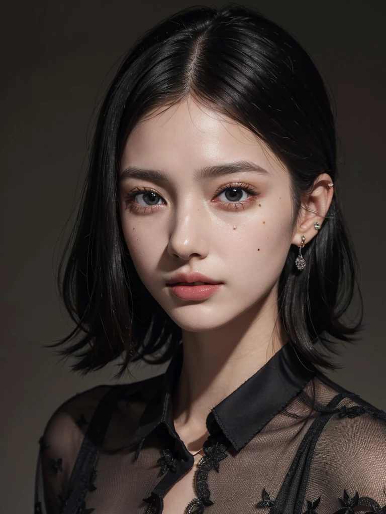 absurdres, RAW photo, extremely delicate and beautiful, masterpiece, Best Quality, ultra high resolution, 32k, hyperrealistic, ultra-detailed, in her 20s, delicate facial features, tearful mole, earring, medium breasts, ((full body shot)), shorter middle hair, black hair, collared shirt dress,