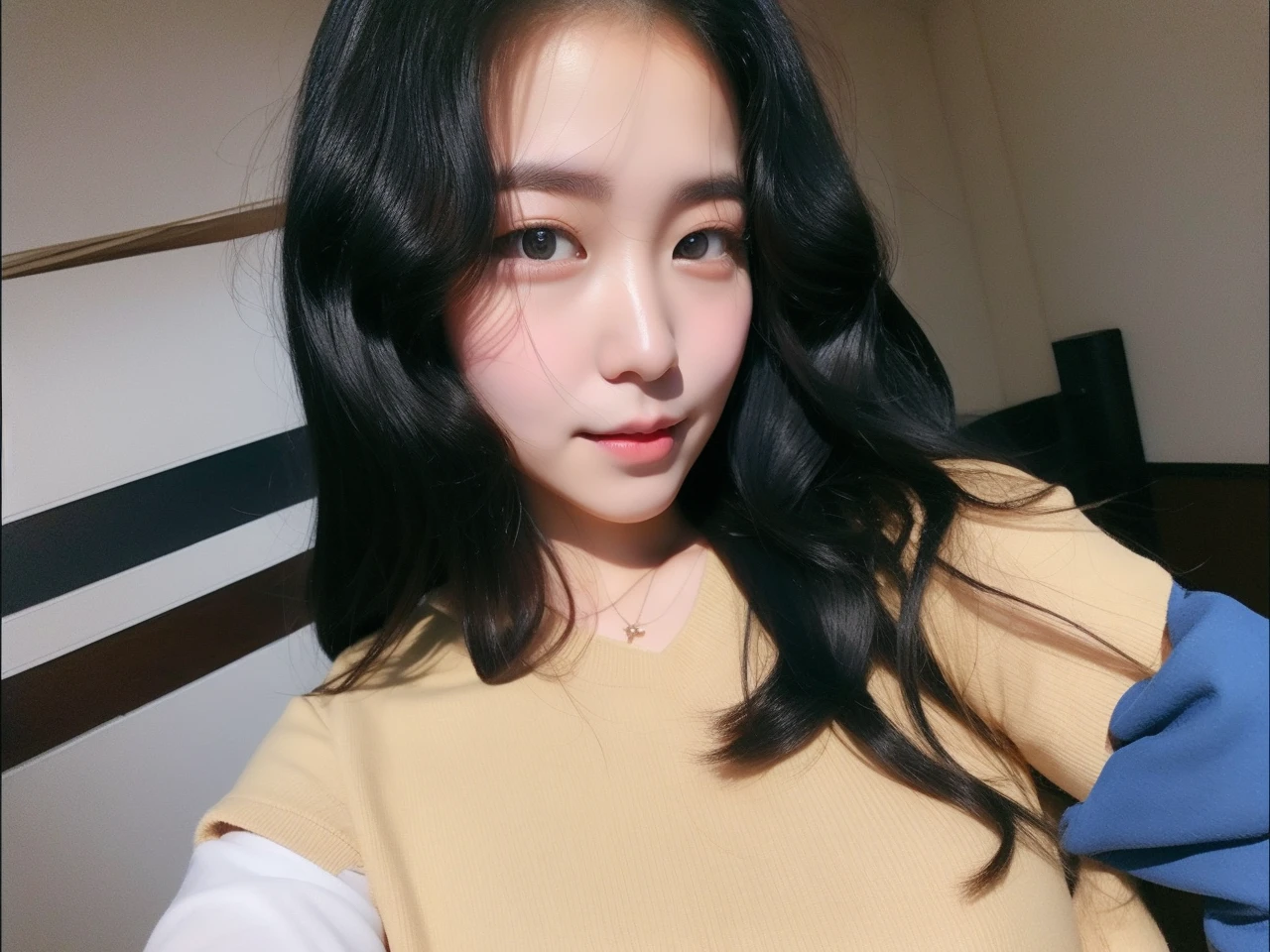 realistic photos of (1 cute Korean star) ahoge, white skin, thin makeup, 32 inch breasts size, slightly smile, wearing brown vest, pants, walking in the countryside, selfie, sunset light, close-up, 16k