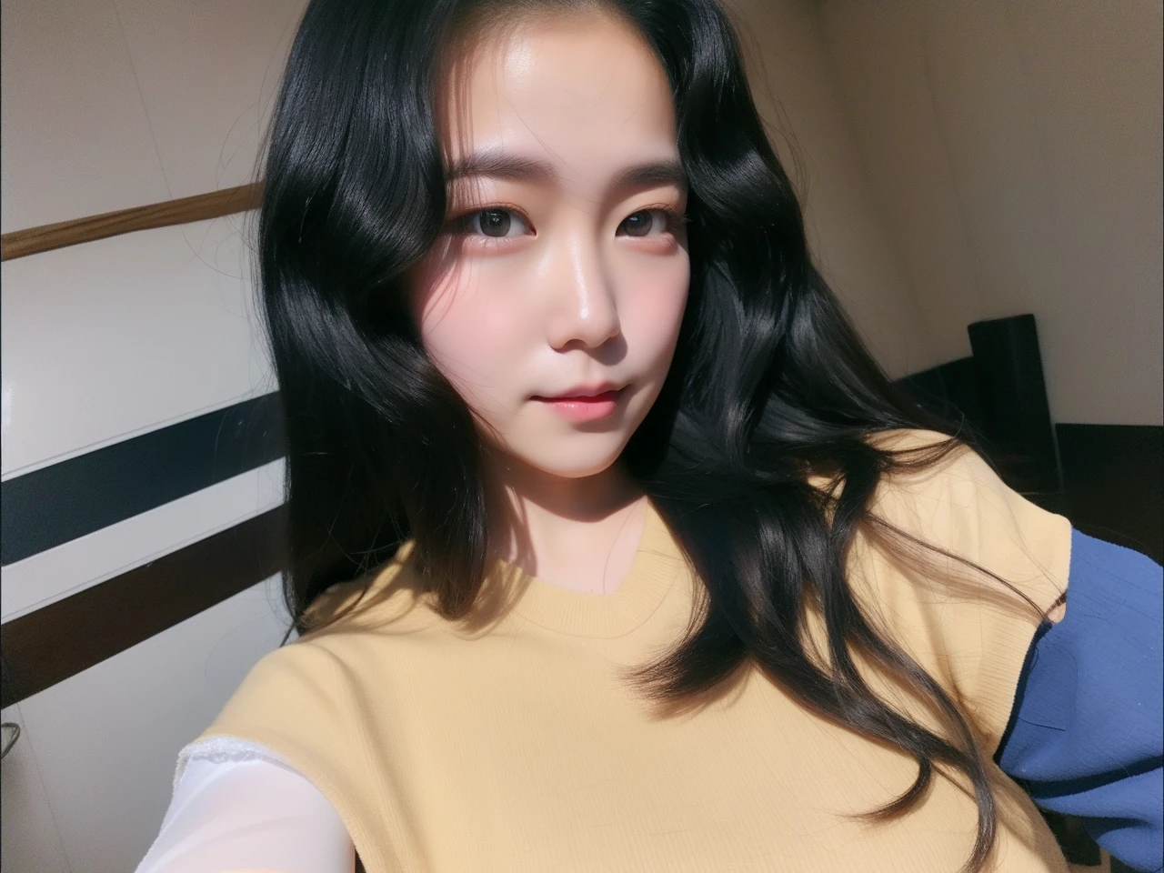 realistic photos of (1 cute Korean star) ahoge, white skin, thin makeup, 32 inch breasts size, slightly smile, wearing brown vest, pants, walking in the countryside, selfie, sunset light, close-up, 16k