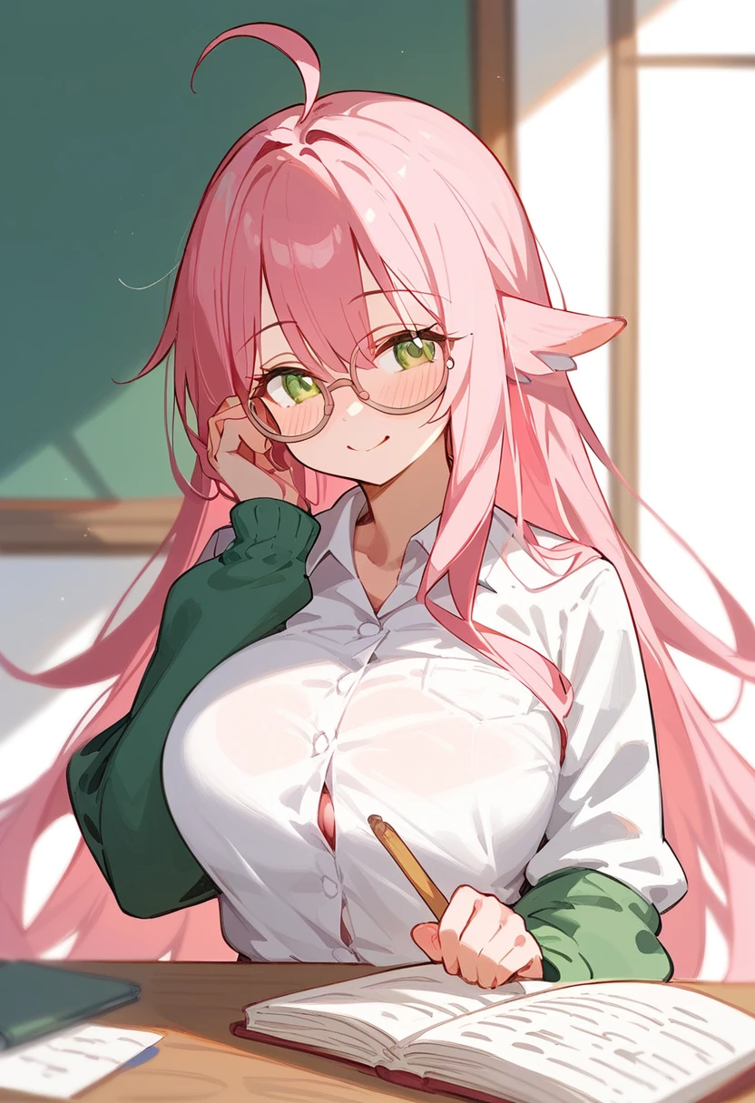 School Swimsuit、One Woman、private teacher、Big Breasts、Pink Hair、Long Hair、Straight Hair、Ahoge、Kind older sister、Pink small glasses、Green Eyes、smile、Droopy eyeature