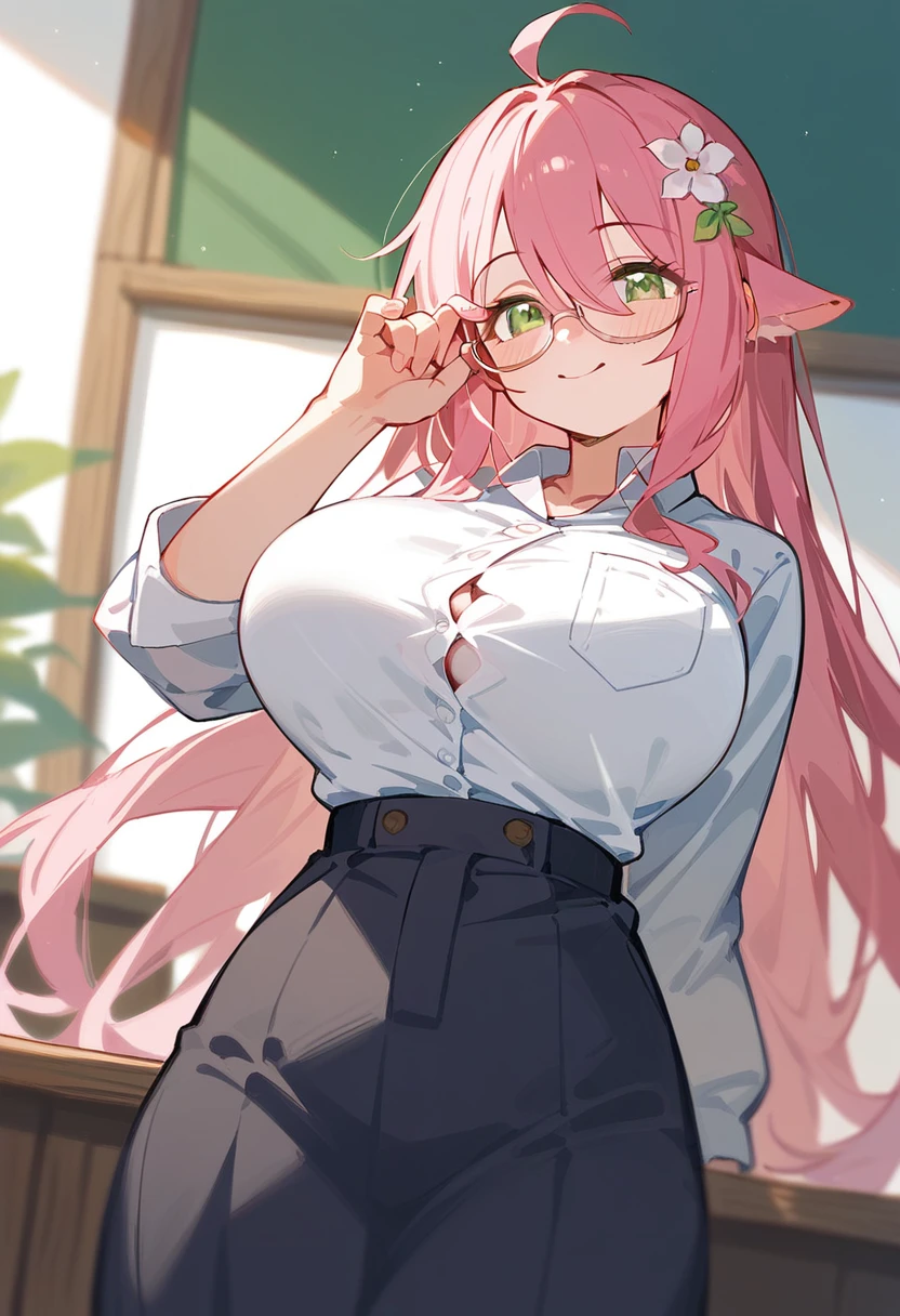 School Swimsuit、One Woman、private teacher、Big Breasts、Pink Hair、Long Hair、Straight Hair、Ahoge、Kind older sister、Pink small glasses、Green Eyes、smile、Droopy eyeature